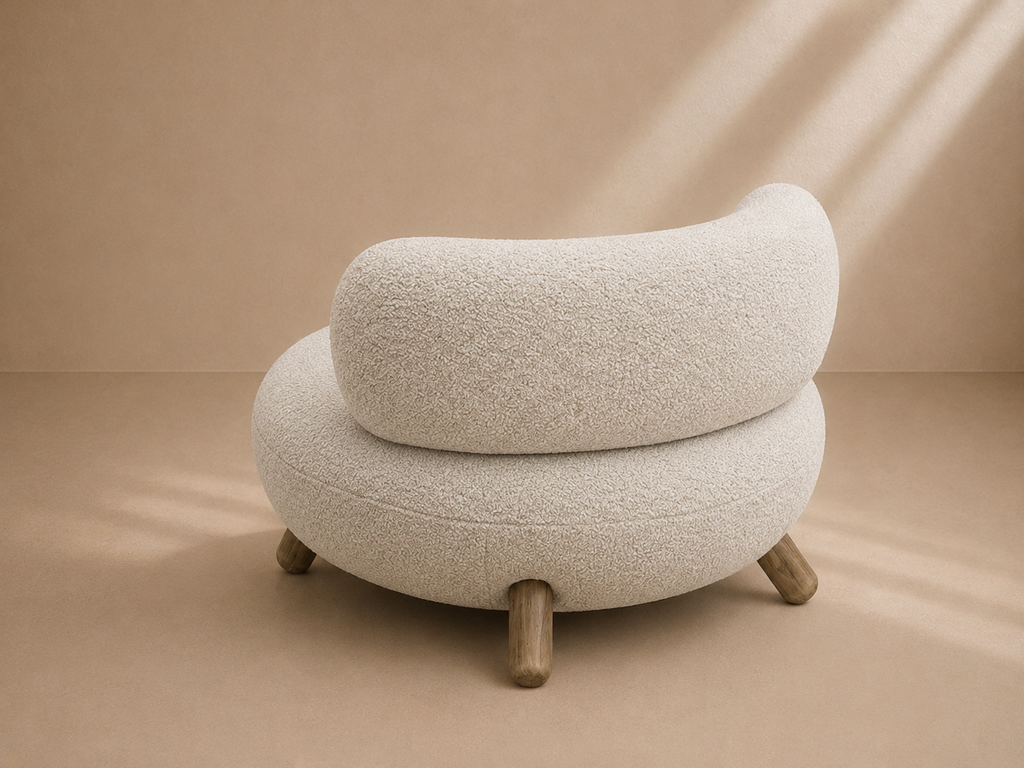 CLARET - Fauteuil design bouclette beige avec pieds en bois – Confort et élégance contemporaine