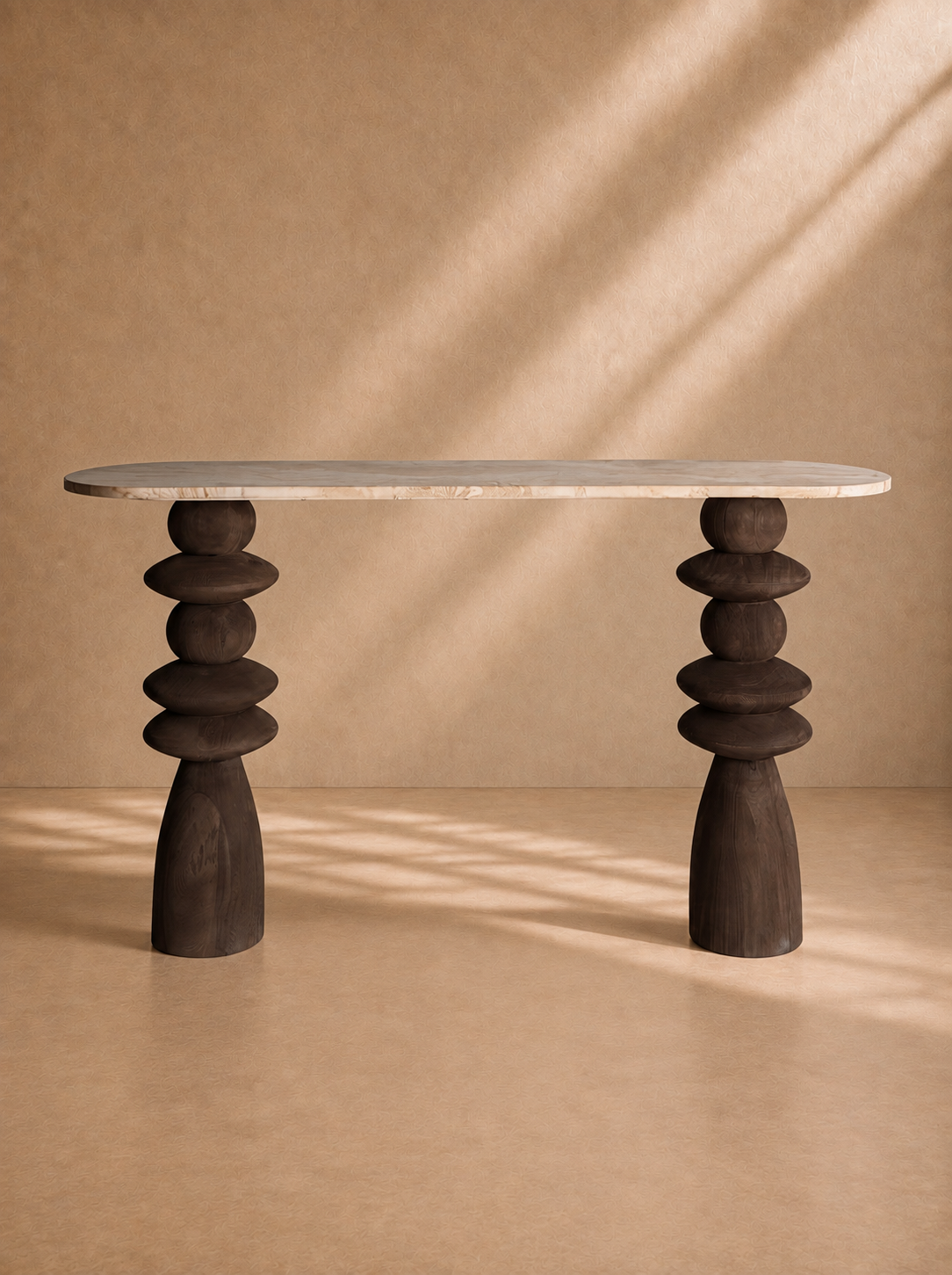 MASIAS - Consola de diseño en madera de mango y mármol beige 133 cm