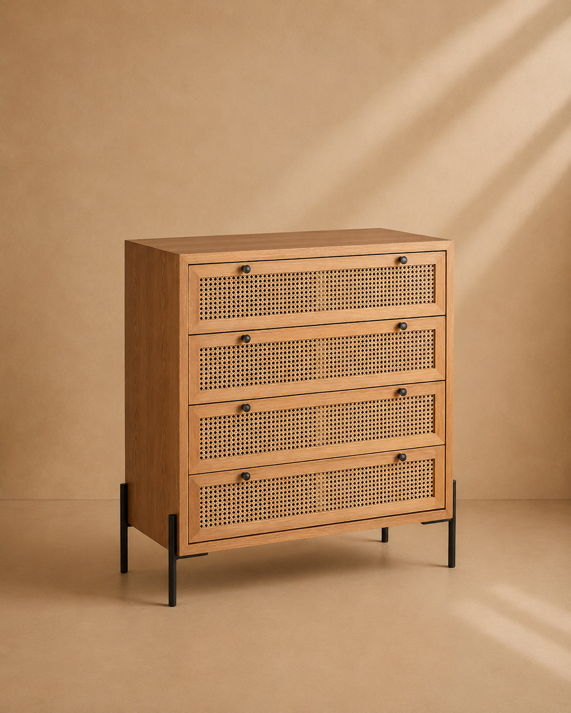 LUESIA - Commode 4 tiroirs en bois et cannage 100 cm