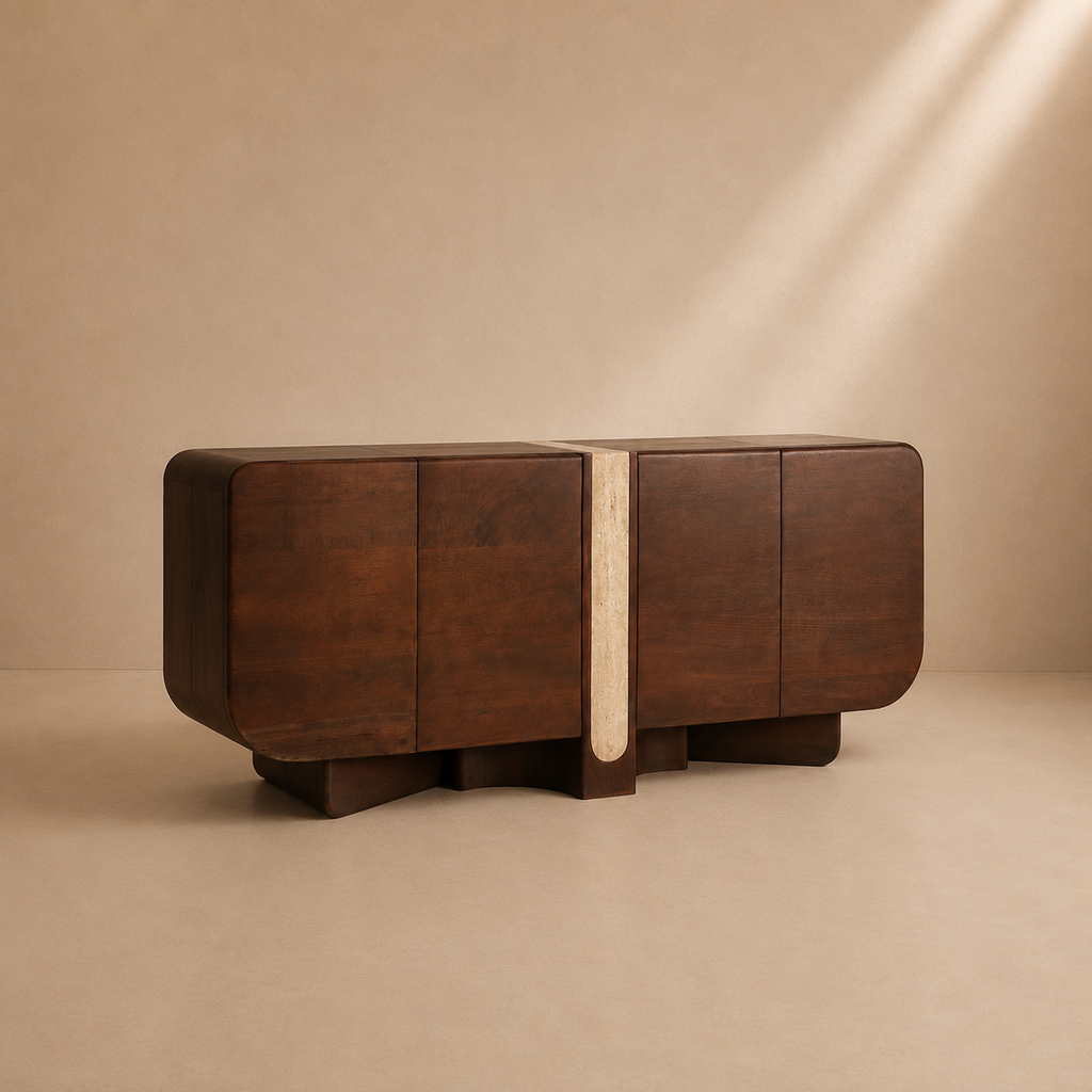 SINEU - Buffet en bois de manguier et travertin 180 cm – 4 portes