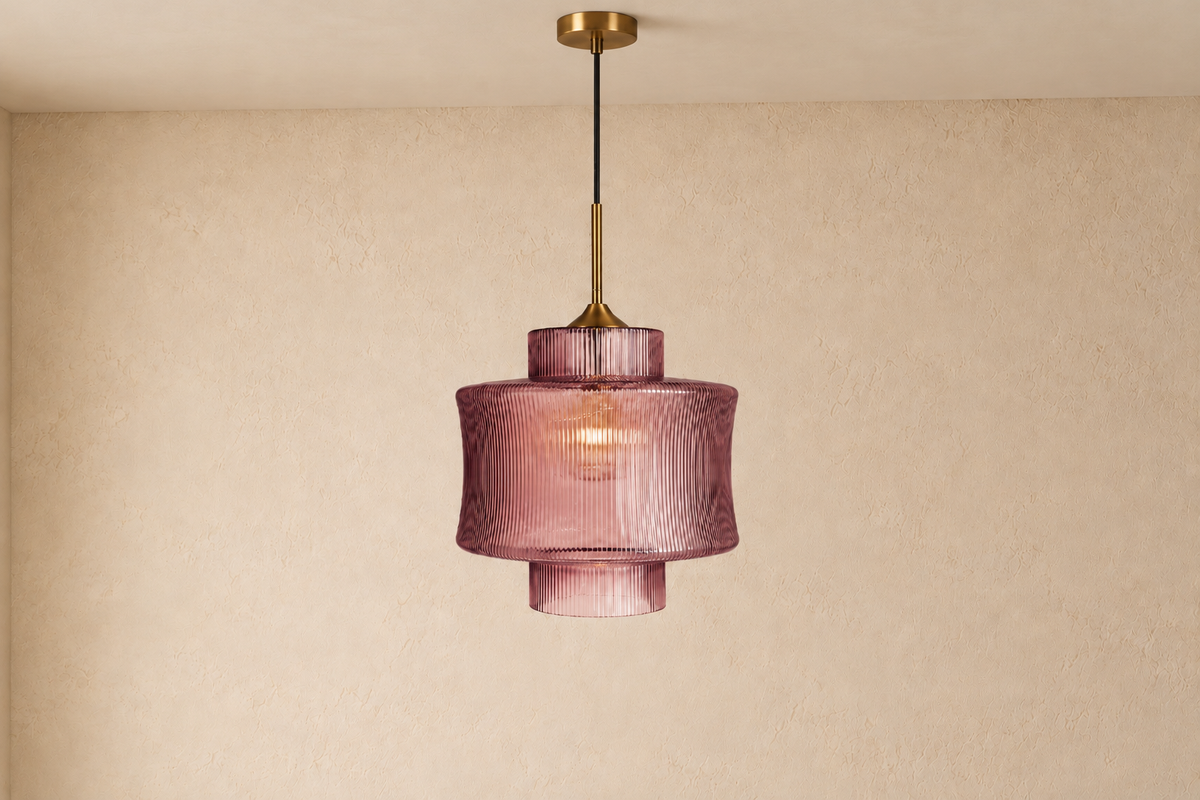 SCILLA - Suspension en verre rose et fer doré 45 cm