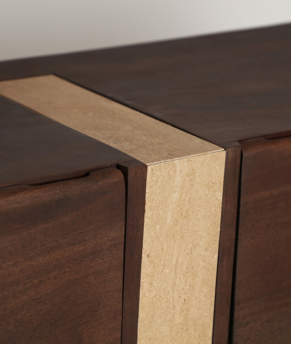 SINEU - Meuble TV en bois de manguier marron et travertin beige 200 cm