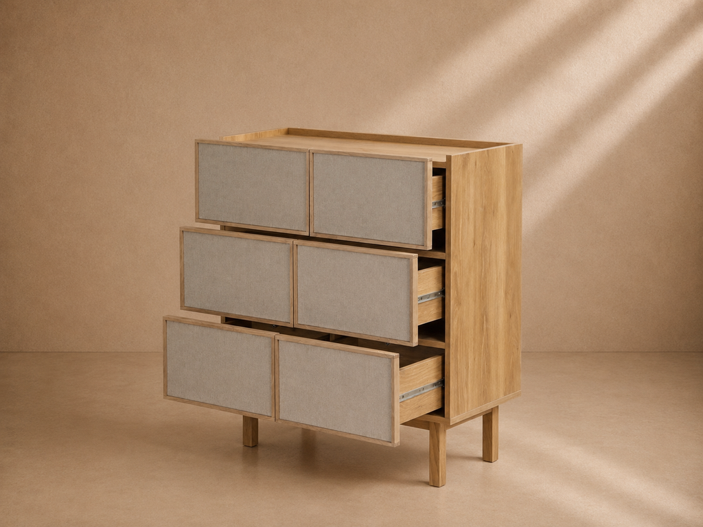 CHAVIN - Cómoda de 6 cajones de tela y madera efecto roble