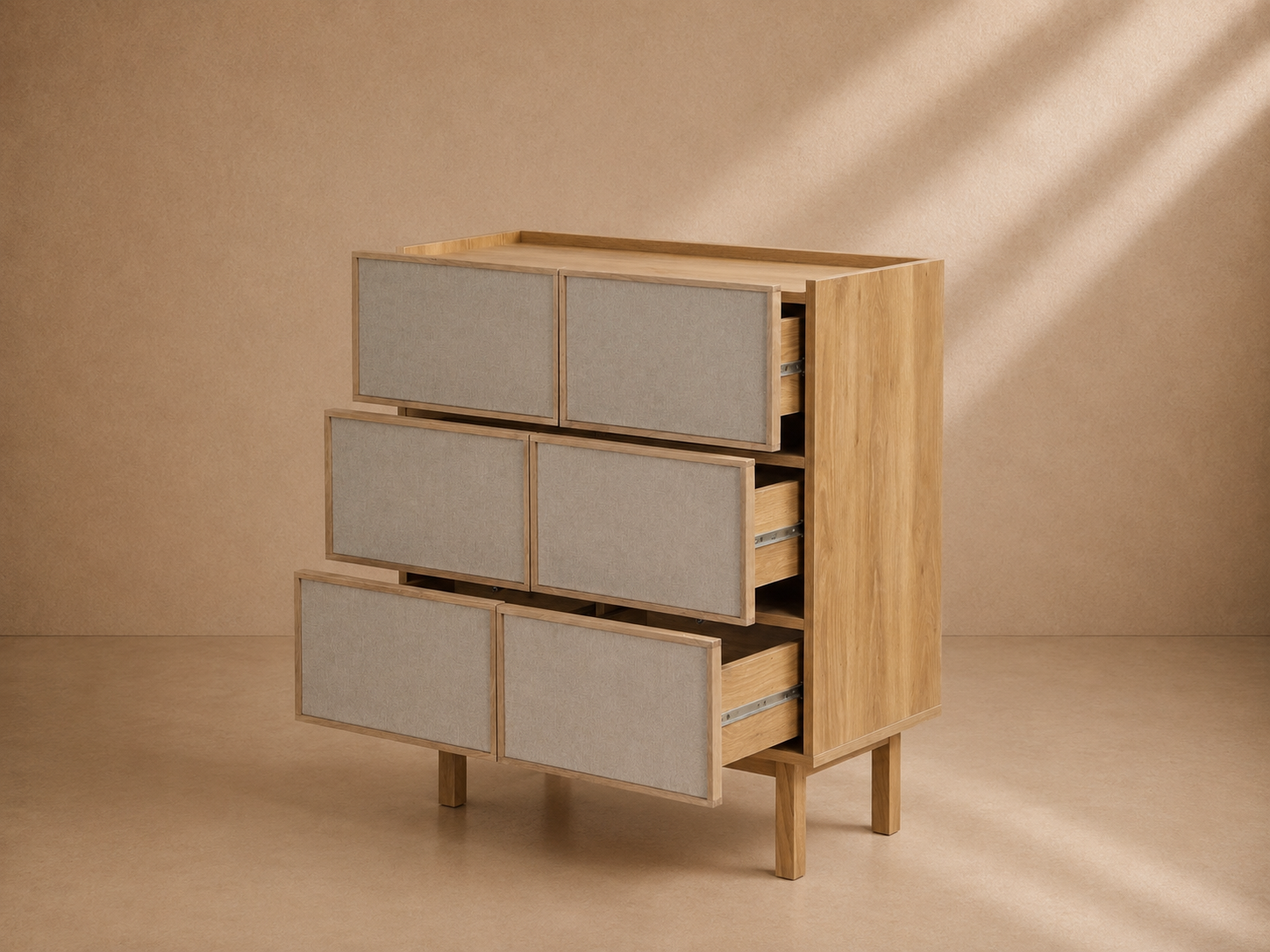 CHAVIN - Cómoda de 6 cajones de tela y madera efecto roble