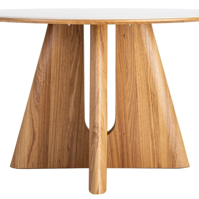 TIEDRA - Mesa de comedor redonda de cerámica blanca y madera natural 120 cm