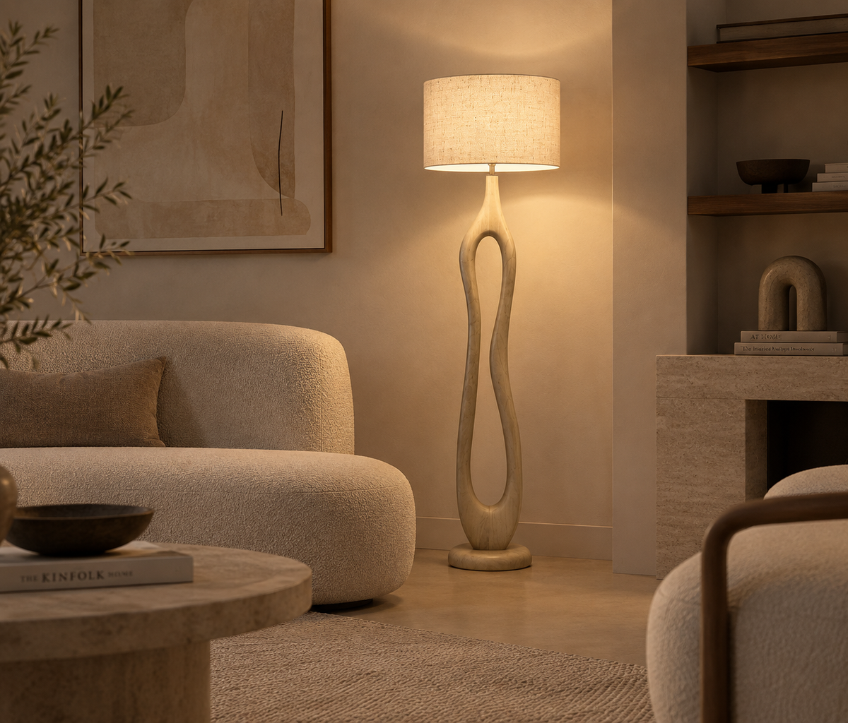SOGO - Lampe à poser sur pied en bois naturel et abat-jour beige 166 cm