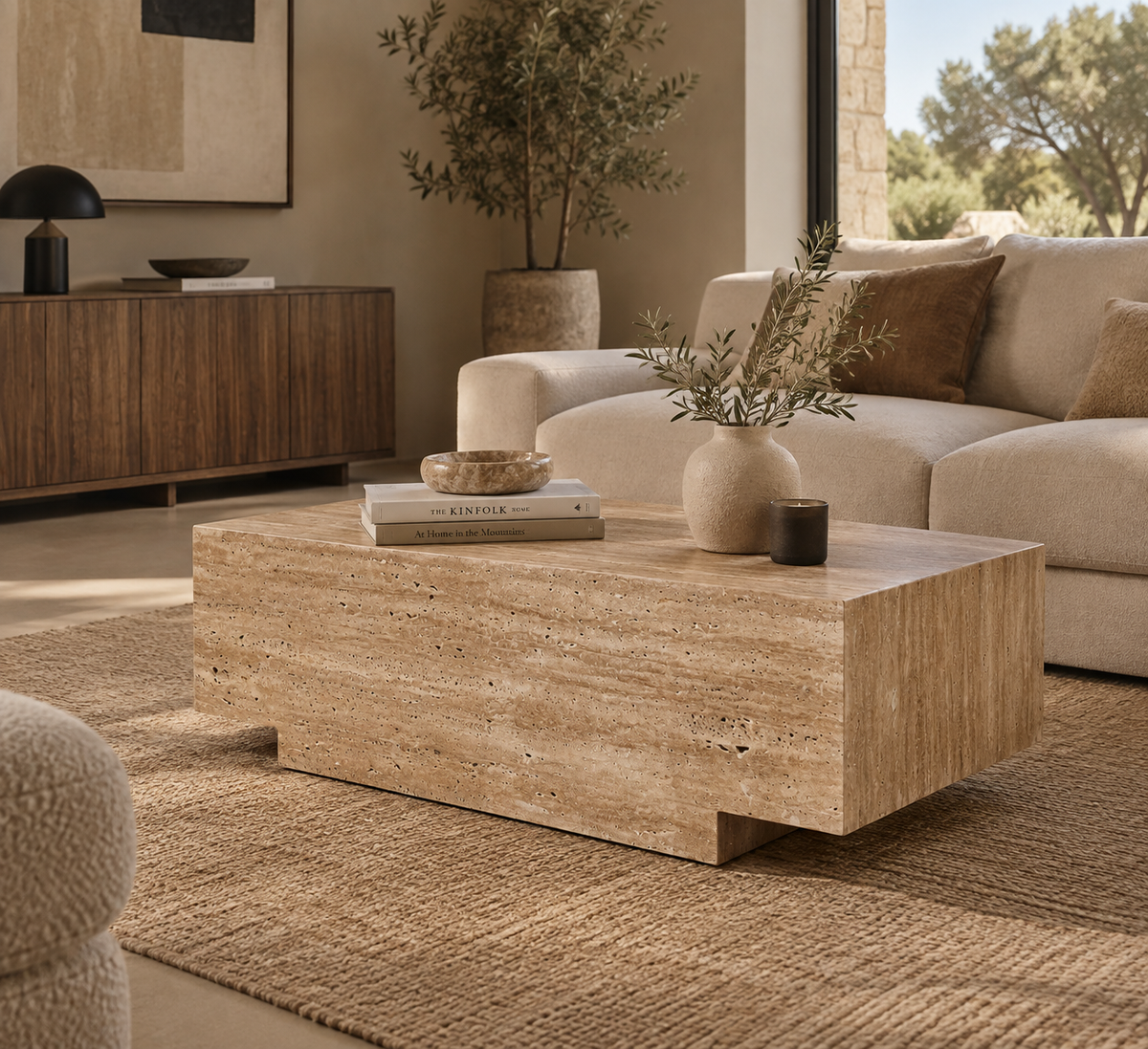 ROA - Table basse en travertin beige 96 cm – style art déco