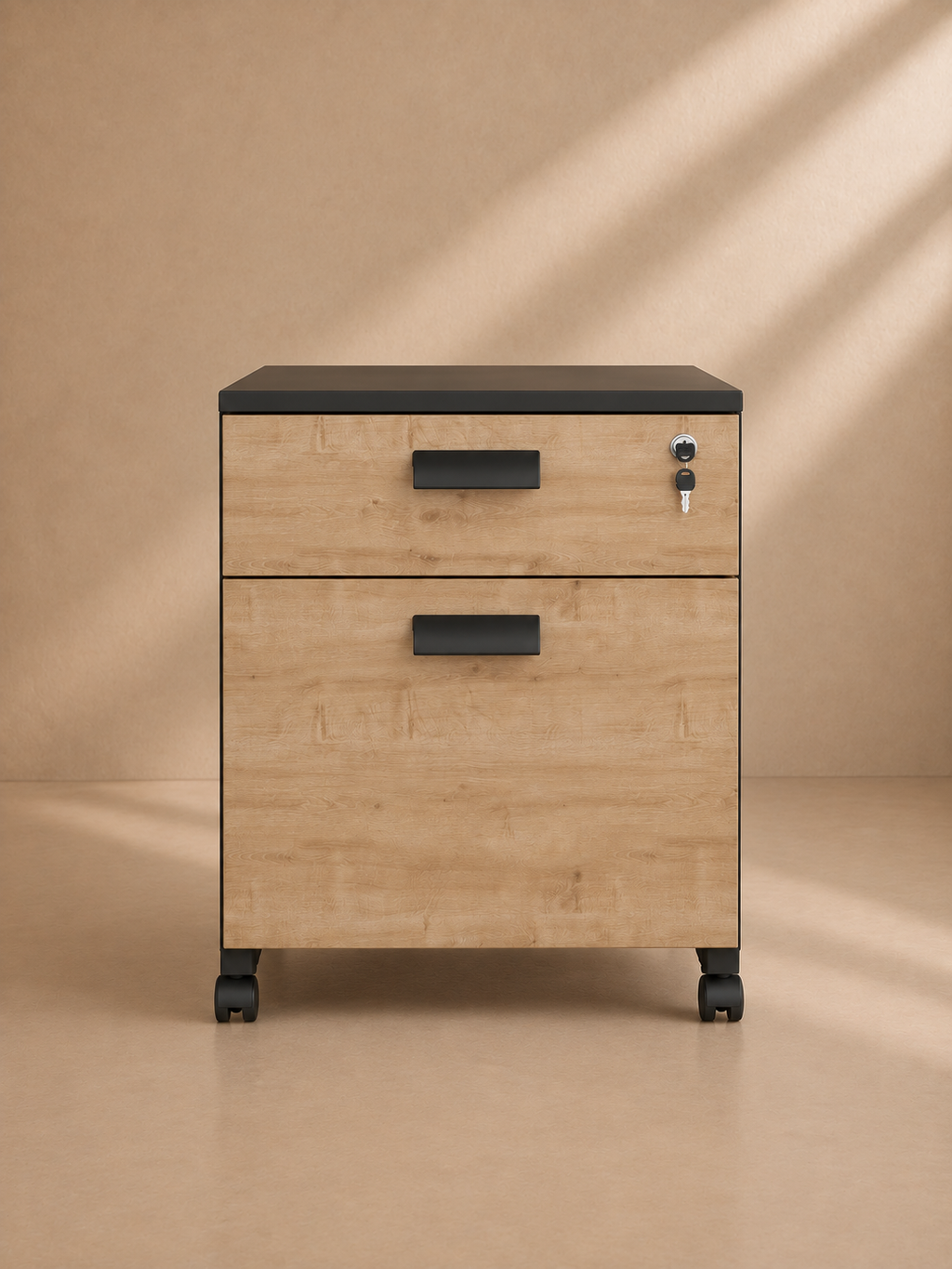 URRIES - Cajonera de oficina con 2 cajones – acabado madera natural y negro
