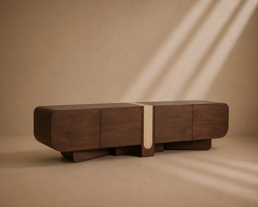 SINEU - Meuble TV en bois de manguier marron et travertin beige 200 cm