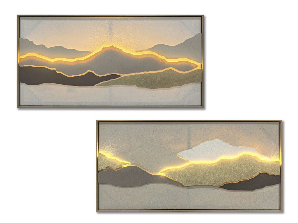 BERA - Cuadro abstracto de paisaje texturizado LED con marco, tonos tierra 102x52 cm – juego de 2