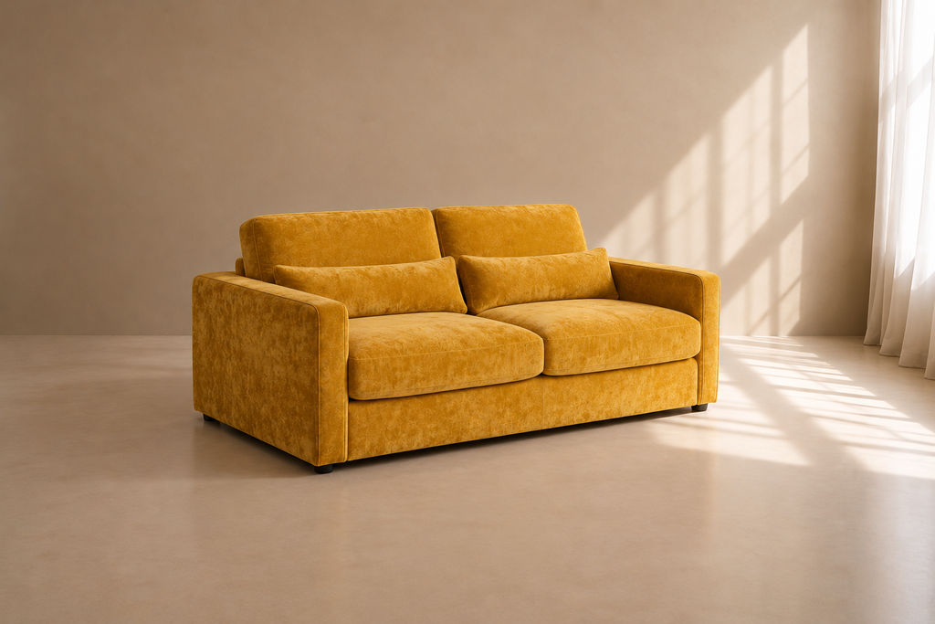 MARTOS - Sofá cama de terciopelo mostaza de 3 plazas, 194 cm