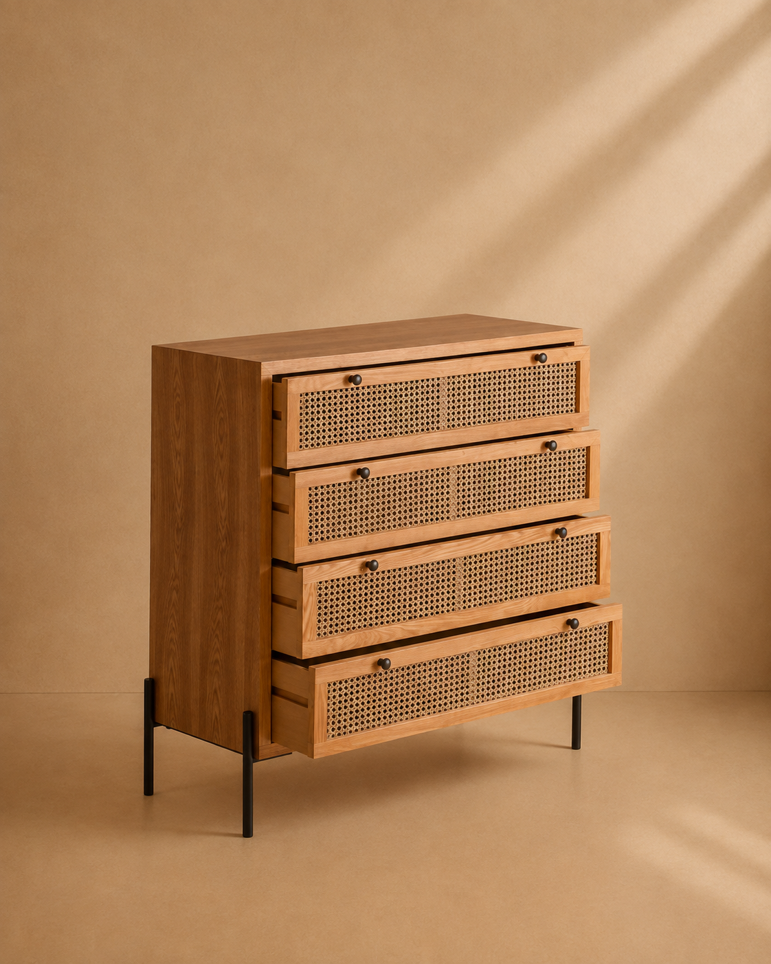 LUESIA - Commode 4 tiroirs en bois et cannage 100 cm
