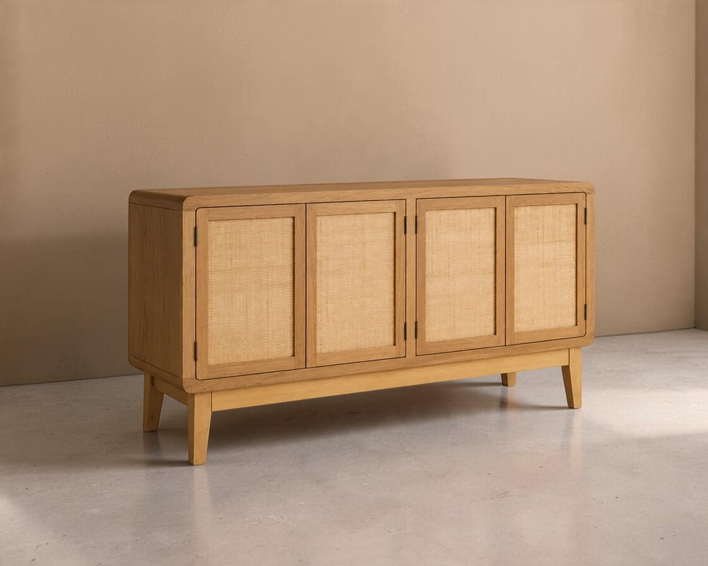 GARRUCHA - Aparador de 4 puertas de madera y rejilla de mimbre 160 cm – Marrón claro