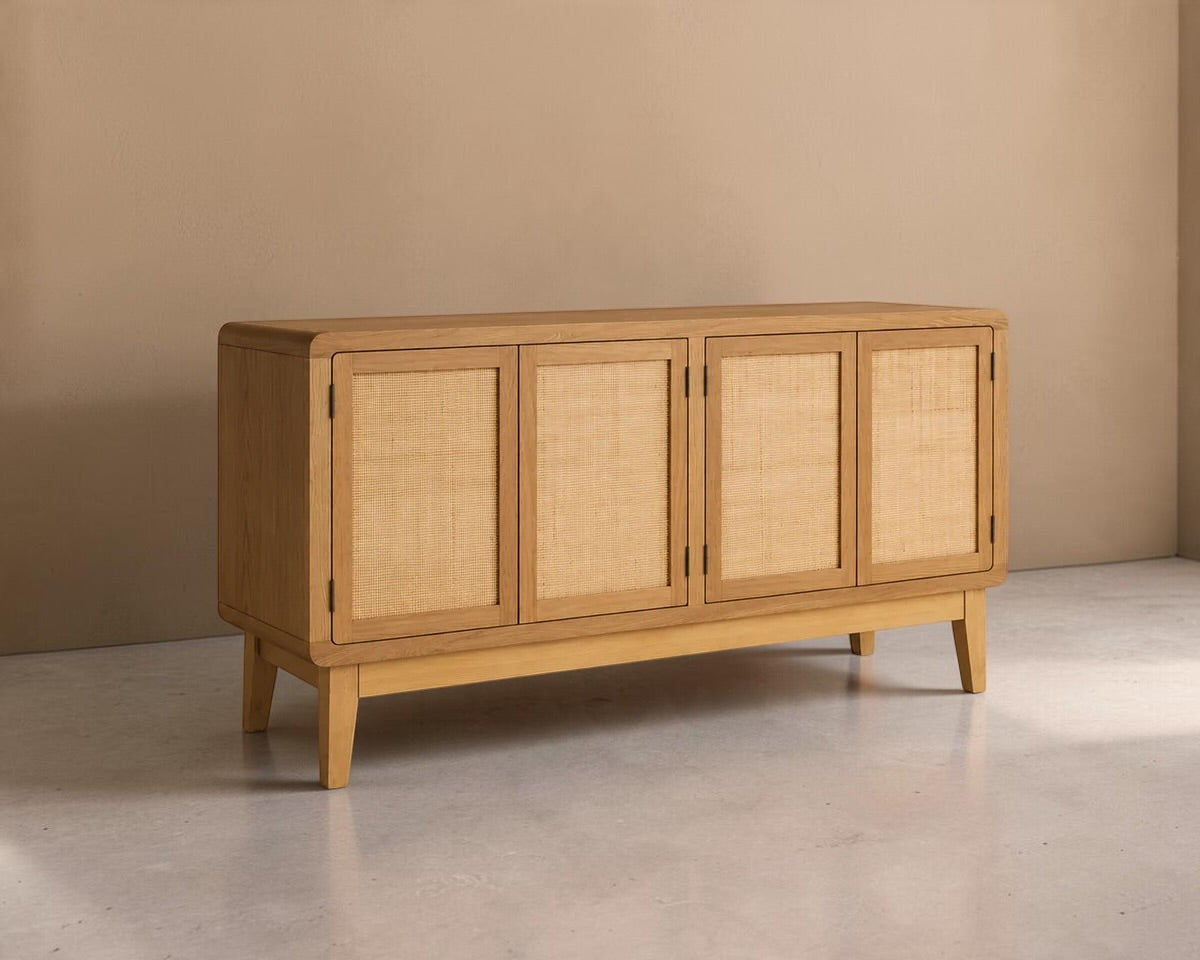 GARRUCHA - Aparador 4 portas em madeira e vime 160 cm – Castanho claro