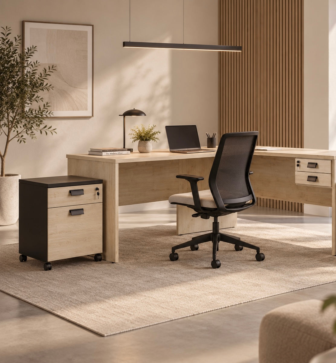 URRIES - Cajonera de oficina con 2 cajones – acabado madera natural y negro