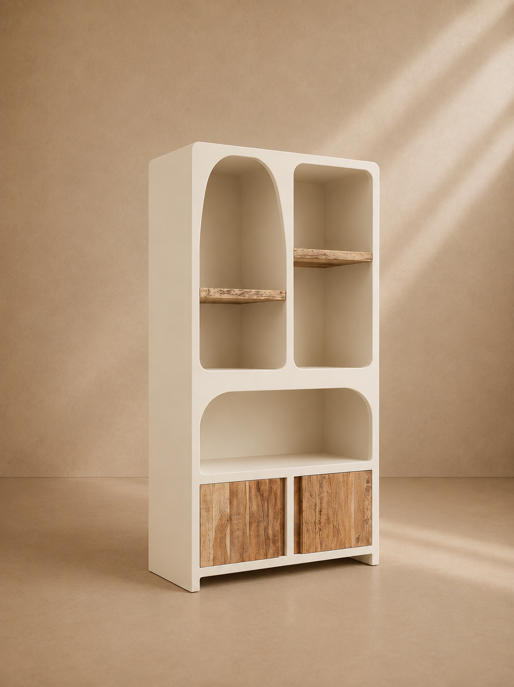 BUIZA - Estantería en MDF blanco crema y madera reciclada 180 cm