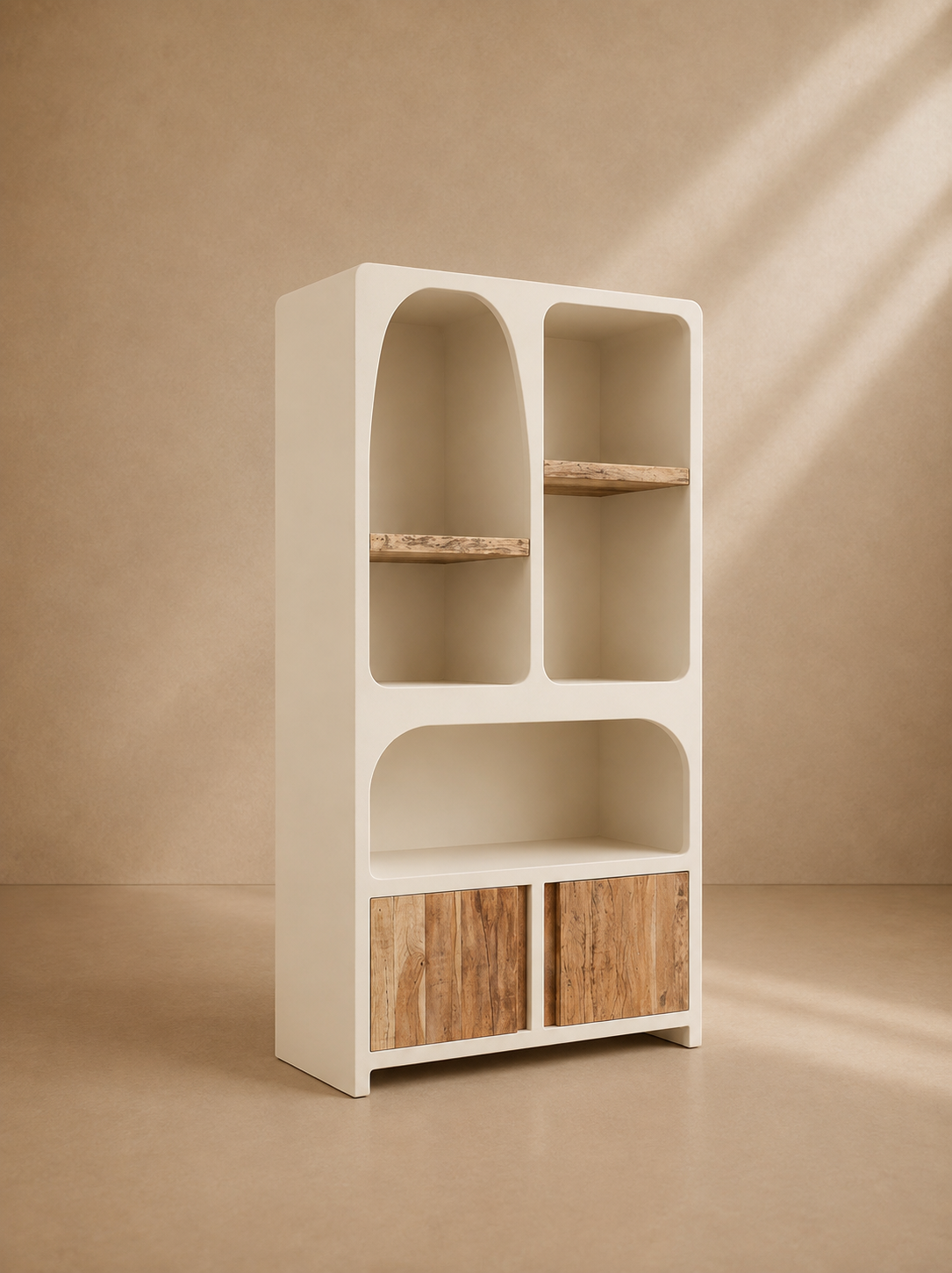 BUIZA - Estantería en MDF blanco crema y madera reciclada 180 cm