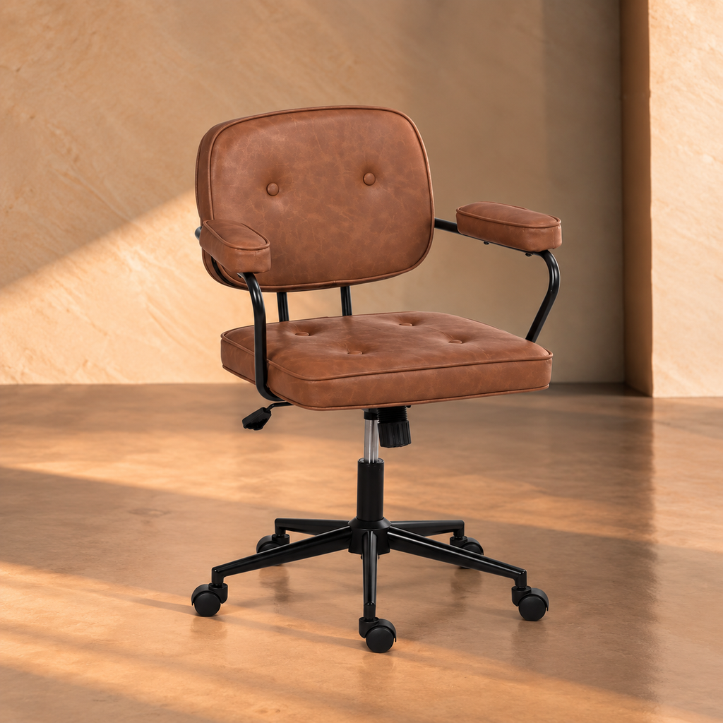 L'ESCALA - Silla de oficina con ruedas en piel sintética color camel y metal 56 × 56 × 92 cm