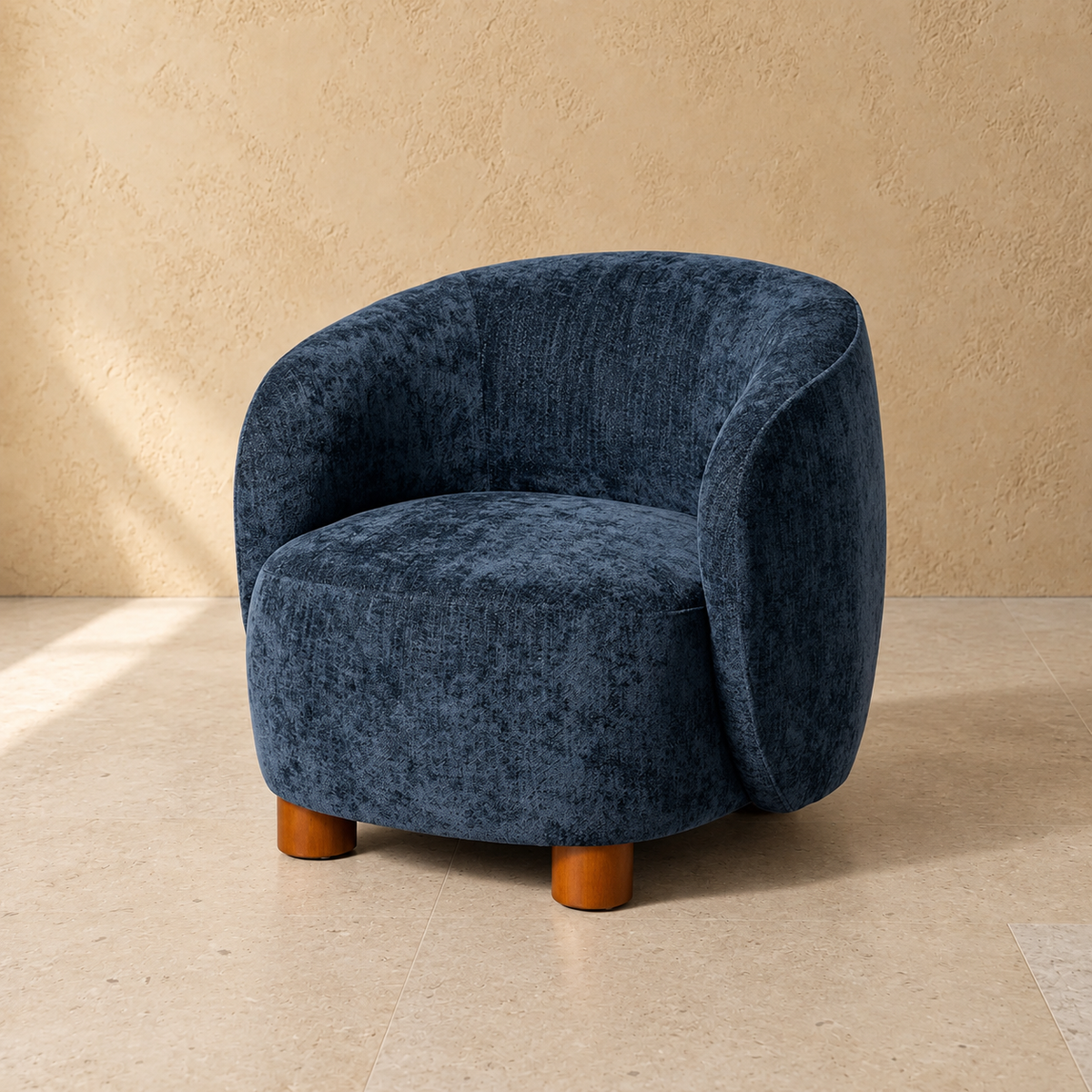 ULLASTRET - Sillón azul de tela y patas de madera de caucho