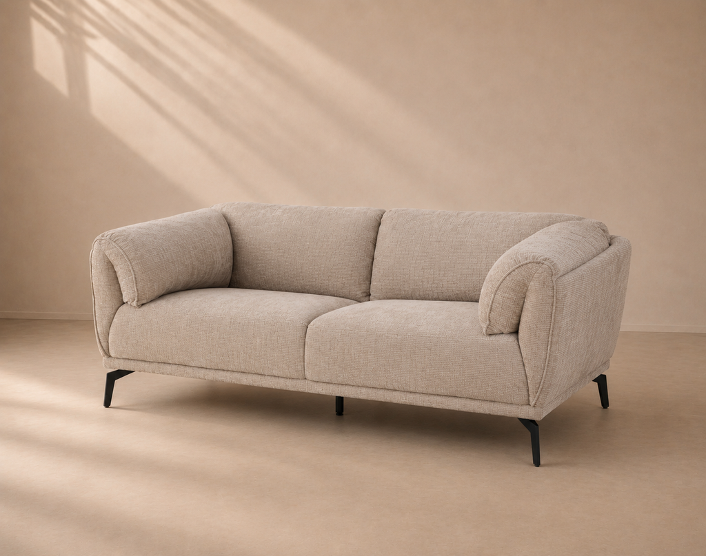 SEYA - Canapé 2 places en tissu bouclé beige avec pieds en métal noir