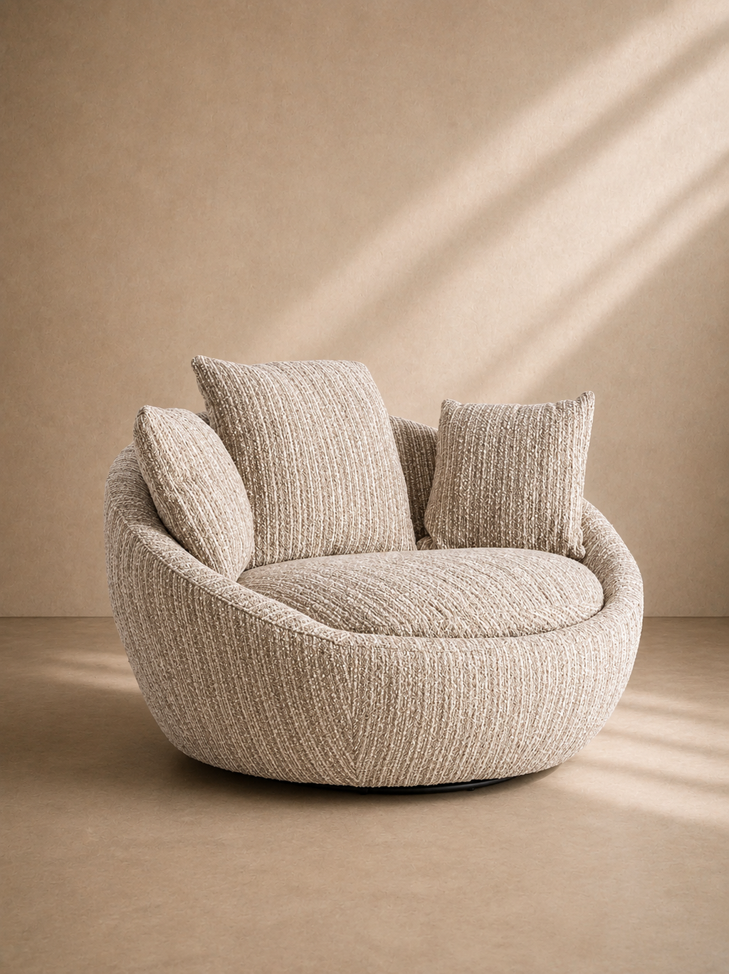 STORO - Sillón giratorio de diseño contemporáneo en tejido jaspeado beige, confort envolvente