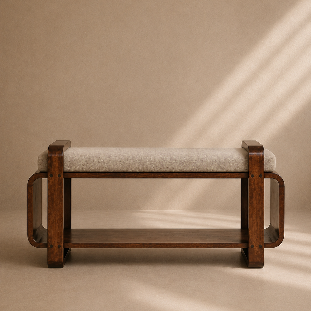IRIS - Banc d’entrée design en bois massif avec assise en lin – Style Mid-Century