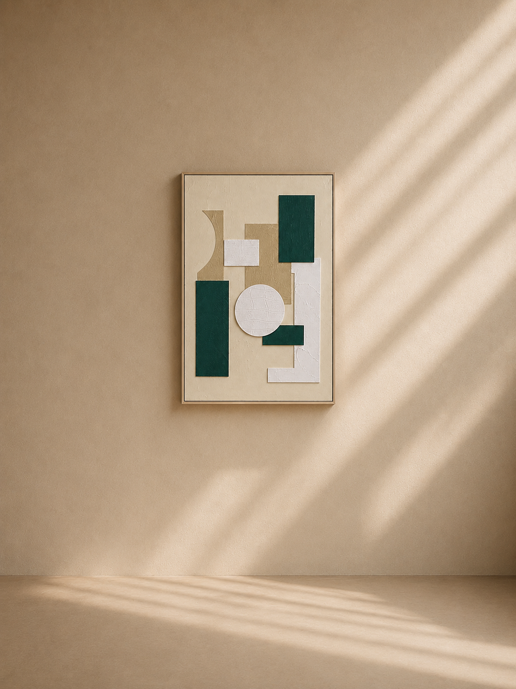GRANS - Cuadro abstracto de relieves blancos y verdes enmarcado – 70 × 100 cm
