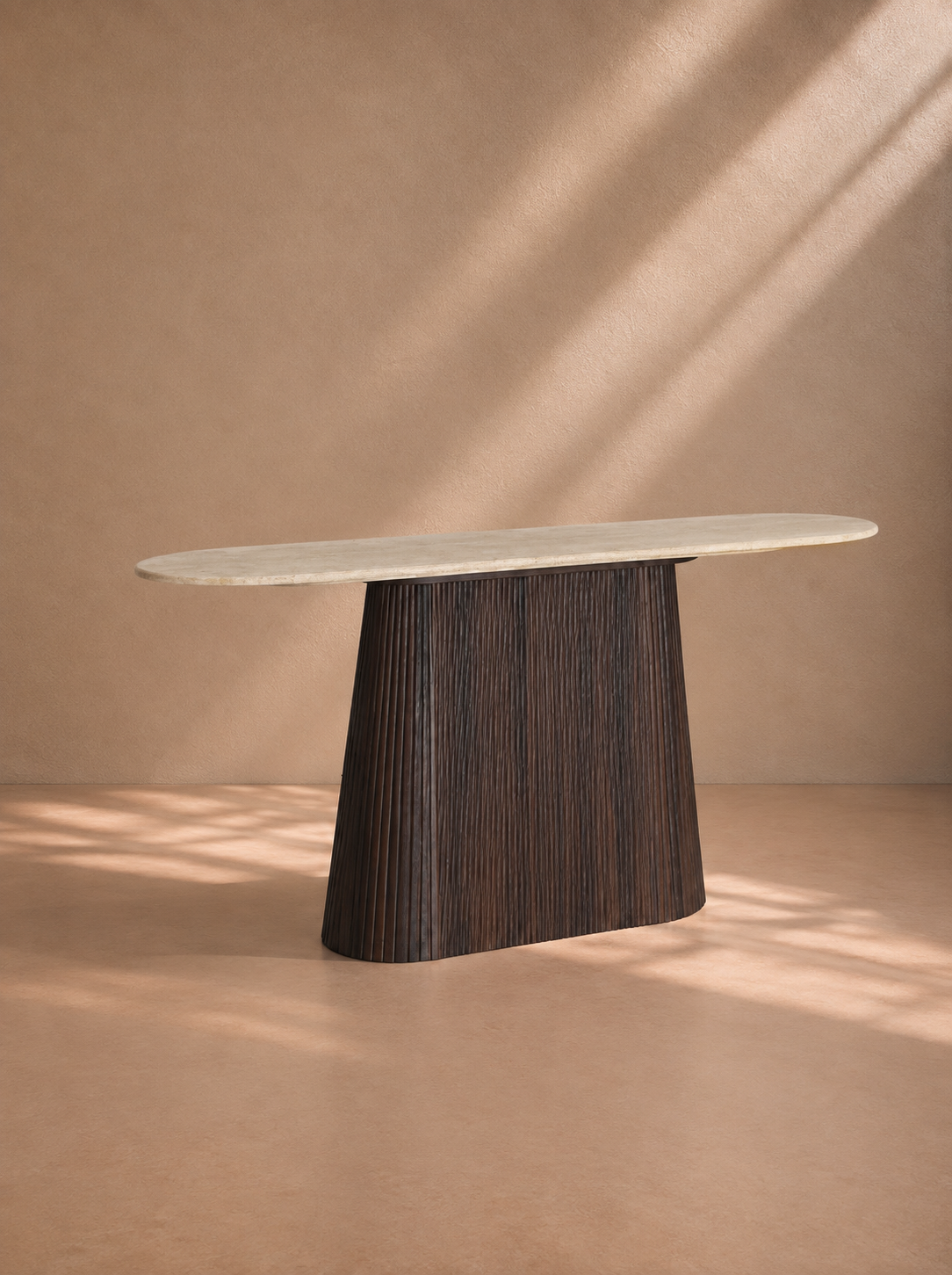 SIMA - Consola de diseño en madera marrón y mármol beige de 150 cm