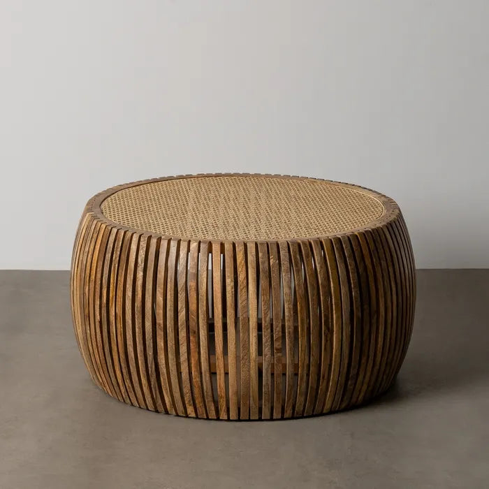 PEYRAT - Mesa de centro de madera y ratán para salón, 75 × 75 × 43 cm