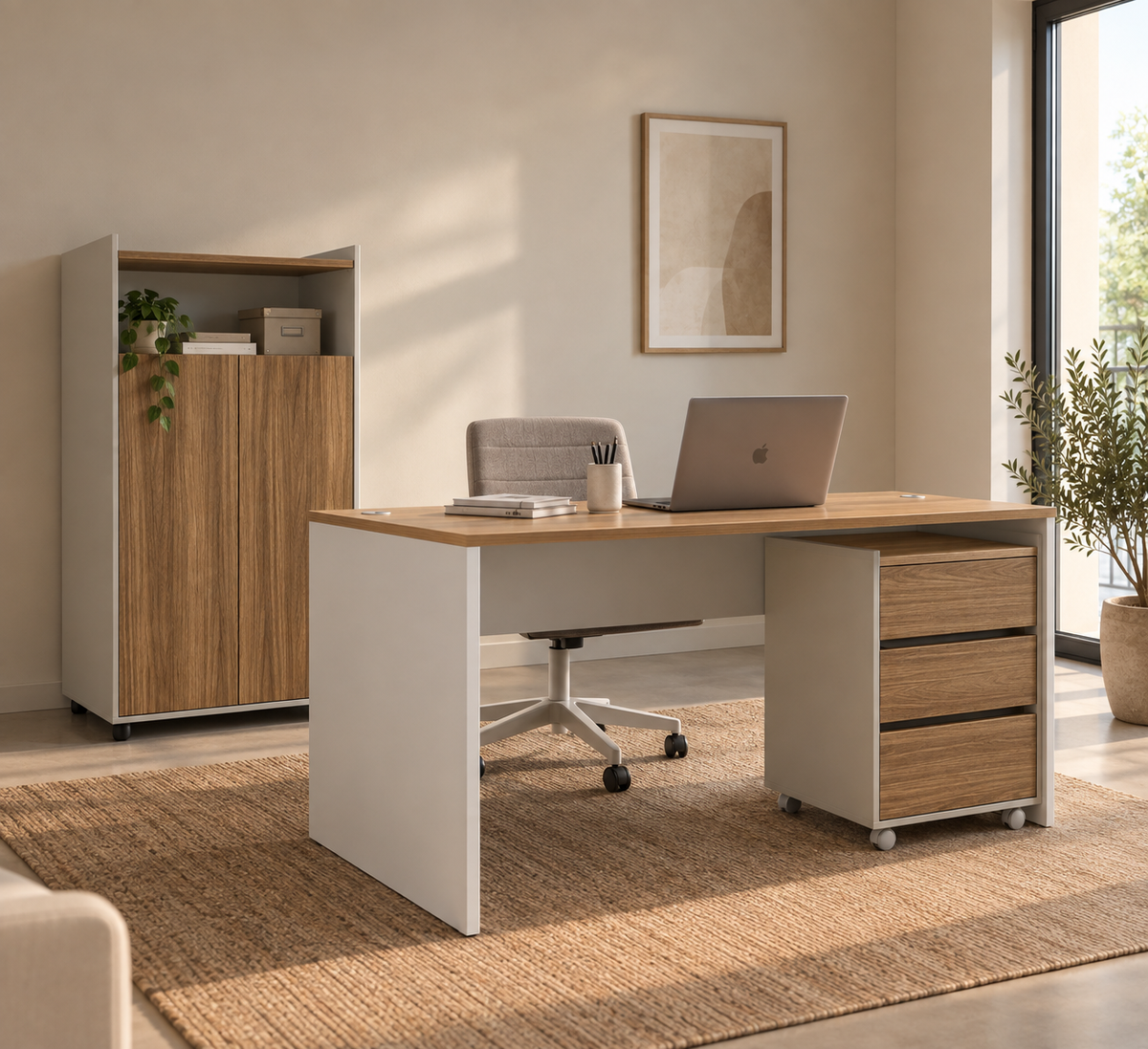 NOEZ - Armoire haute de rangement gris clair et bois 142 cm - miel et cacao
