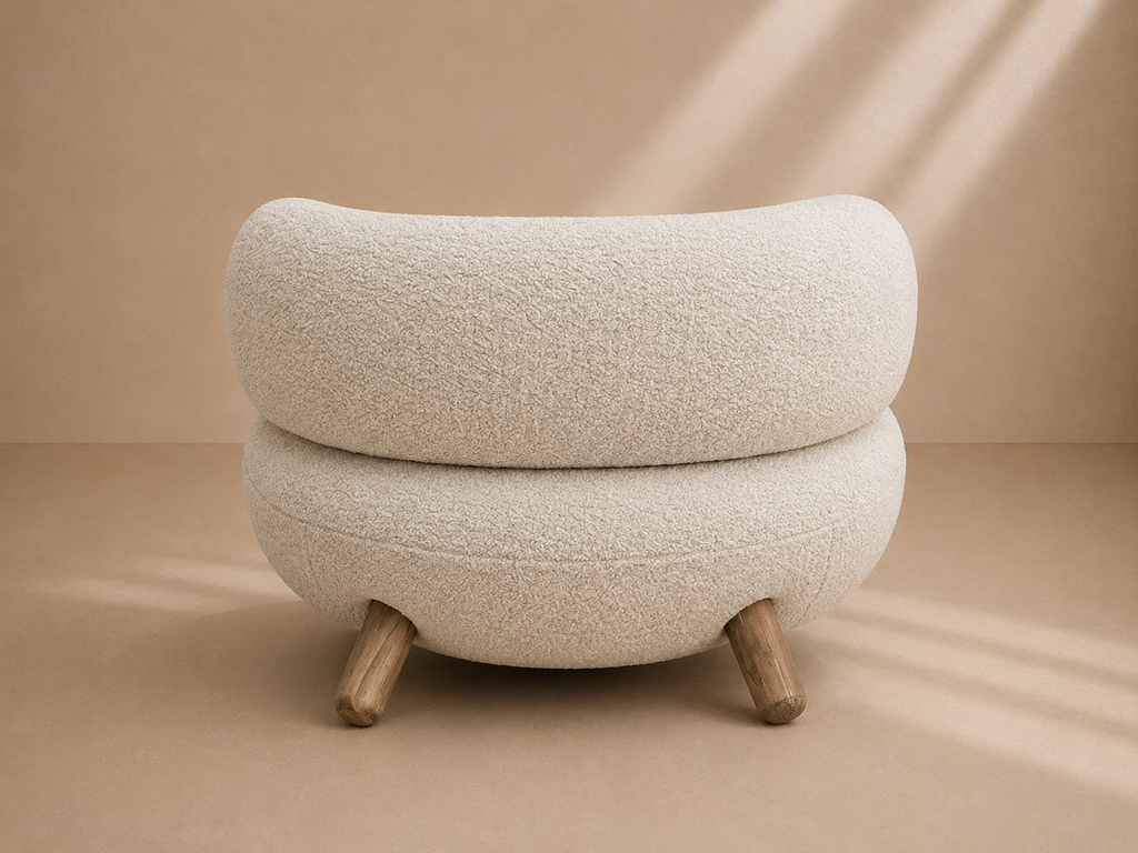 CLARET - Fauteuil design bouclette beige avec pieds en bois – Confort et élégance contemporaine