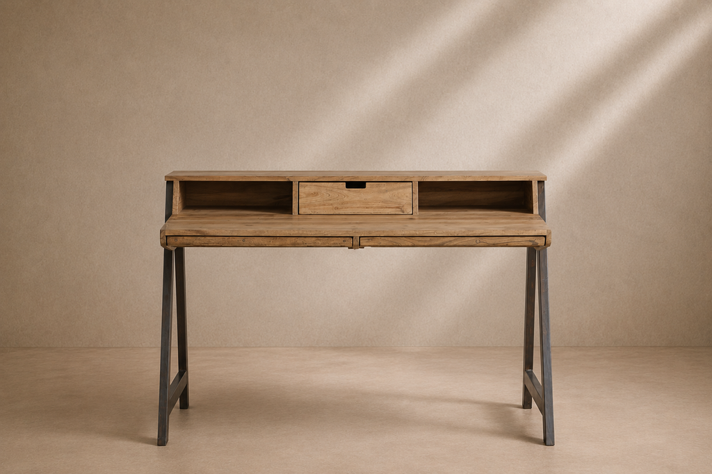 RONZ - Escritorio de diseño industrial de acacia y metal – Elegancia natural para tu espacio de trabajo