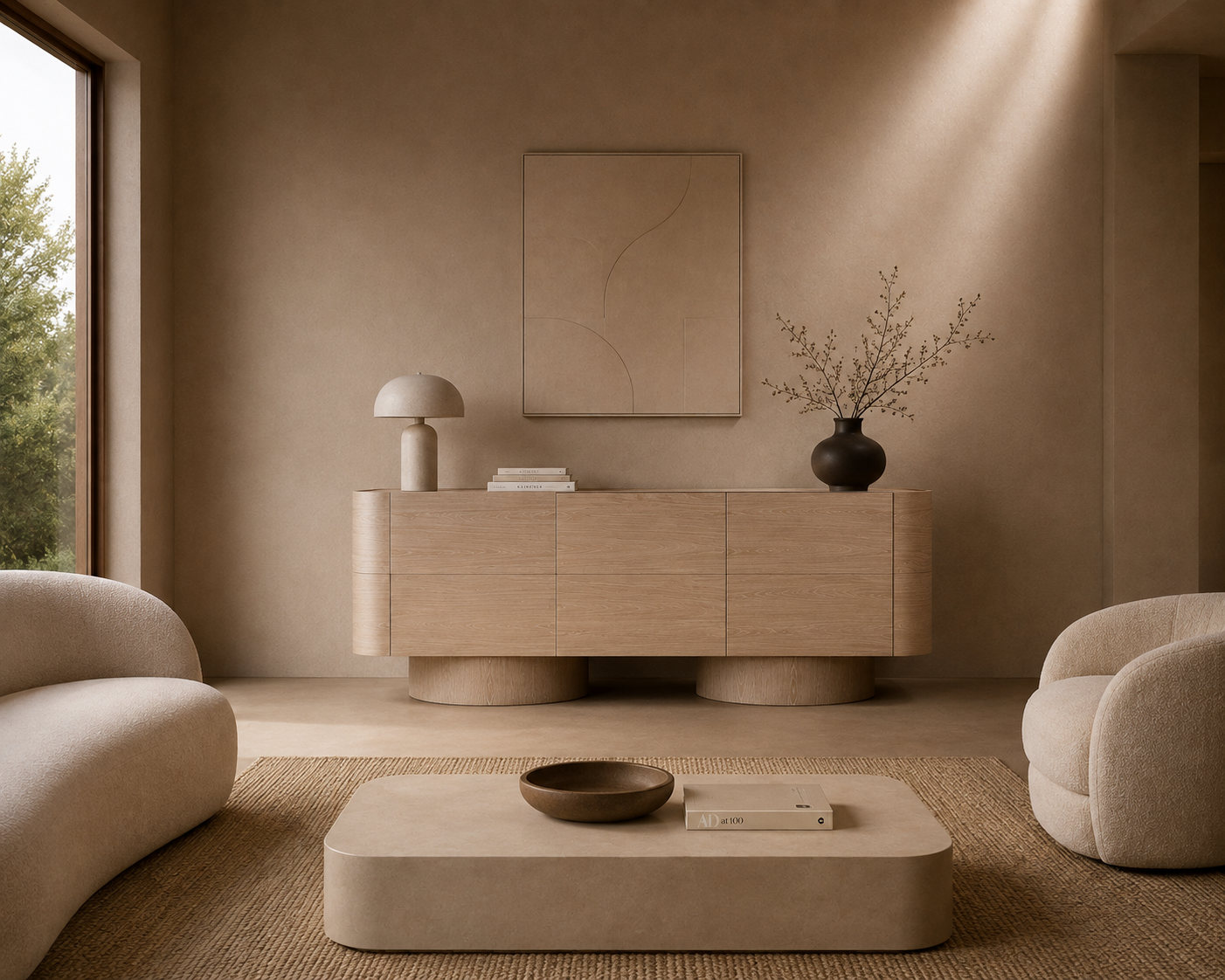 REUS - Buffet design en placage de chêne crème 220 cm