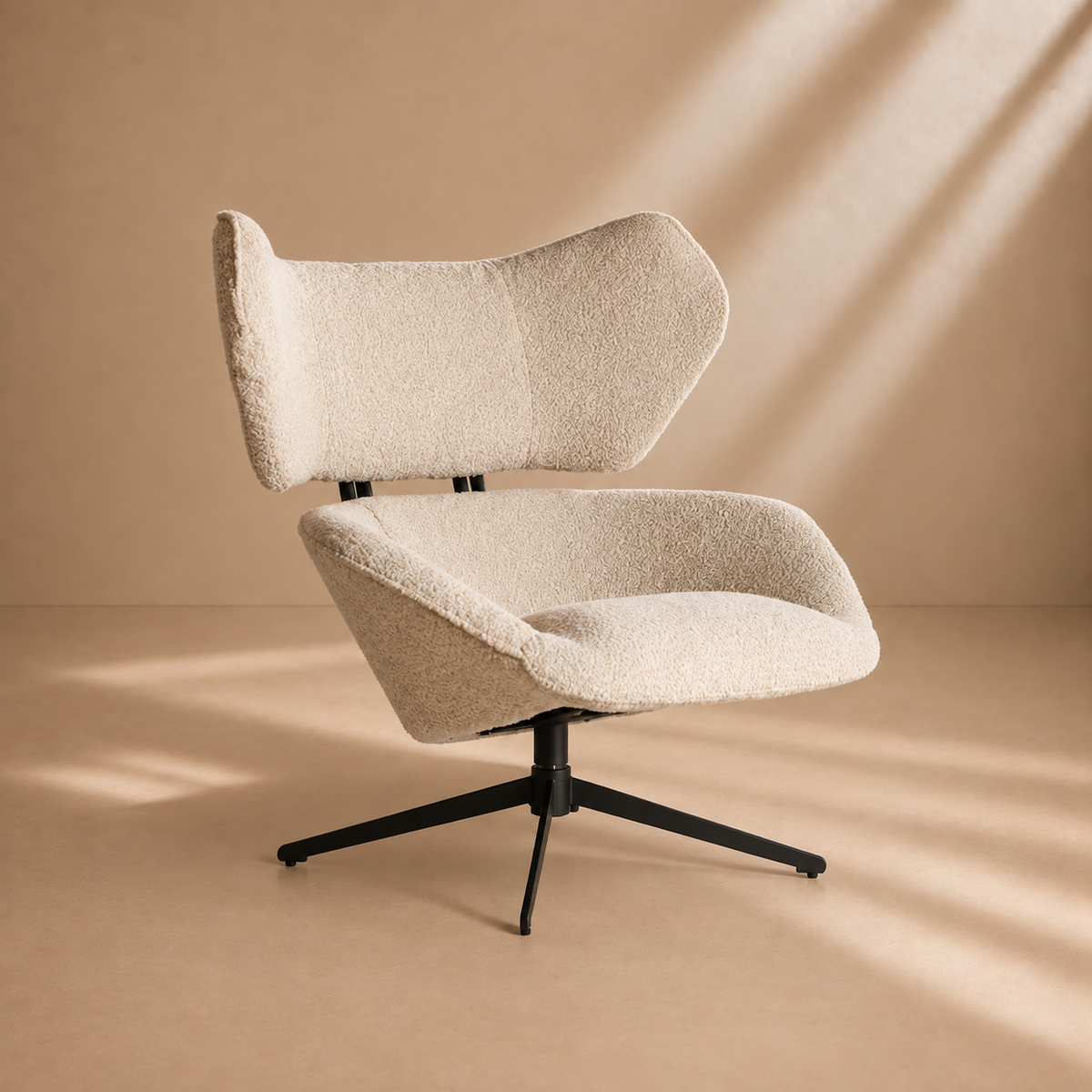 LLERA - Sillón giratorio de bouclé color crema – Diseño contemporáneo y elegante