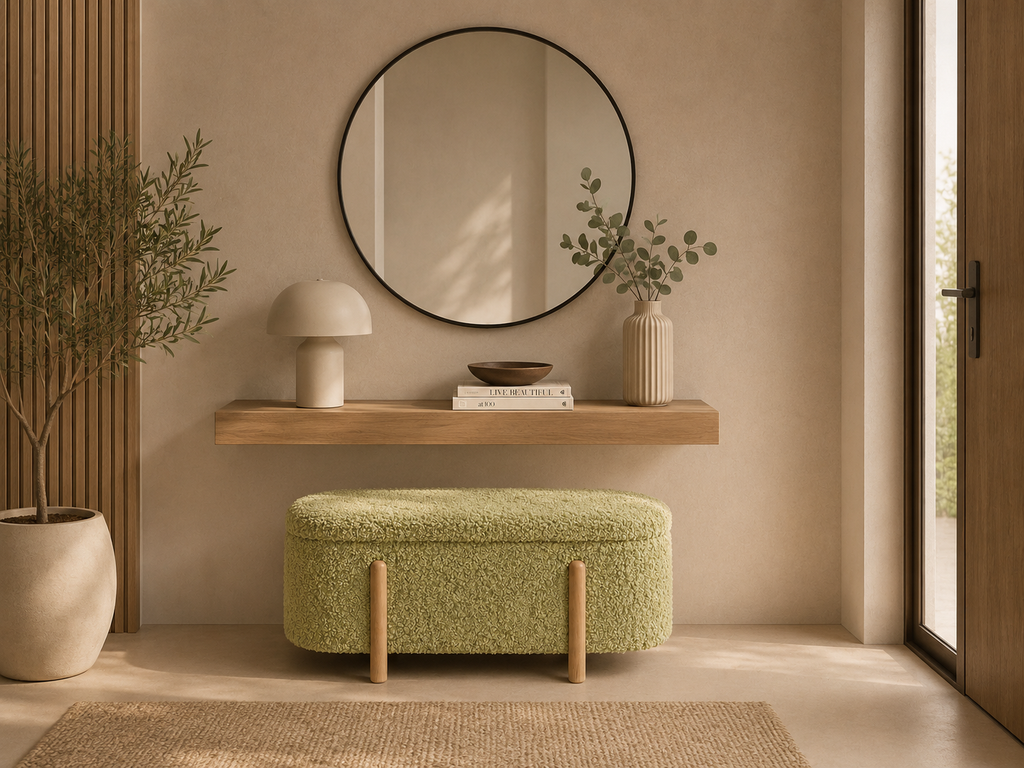 LASTRES - Déchaussoir coffre en bouclette verte – Banc de rangement design avec assise rembourrée