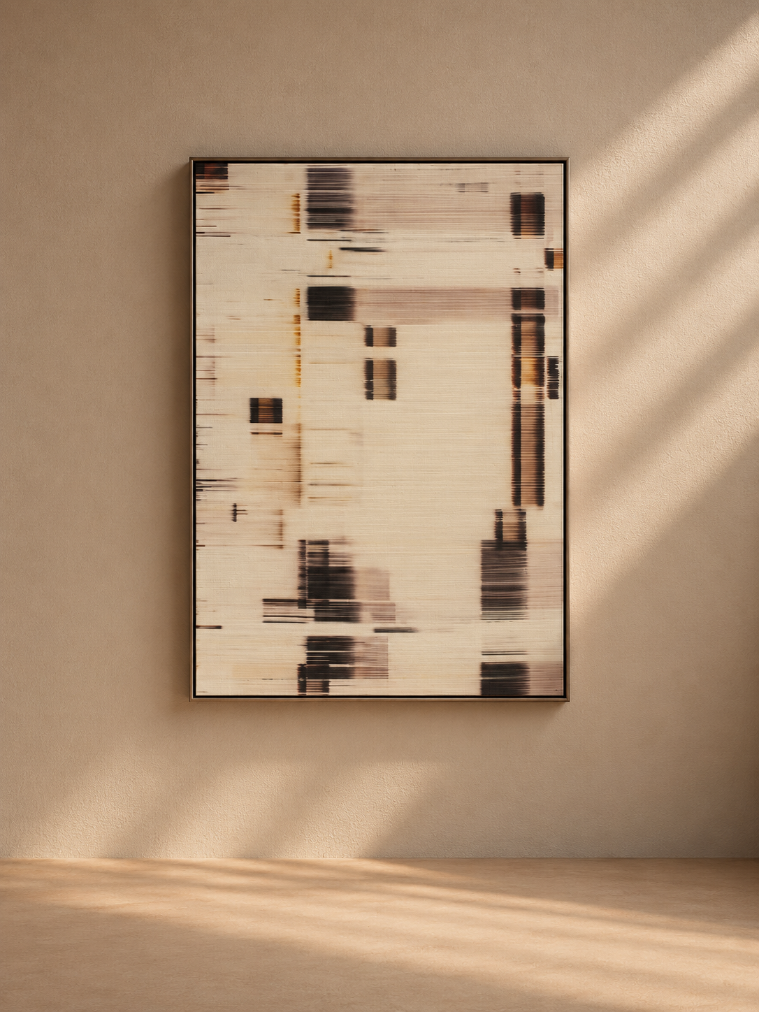 TAVIR - Cuadro abstracto de hilo textil blanco, marrón y negro con marco 70x100 cm