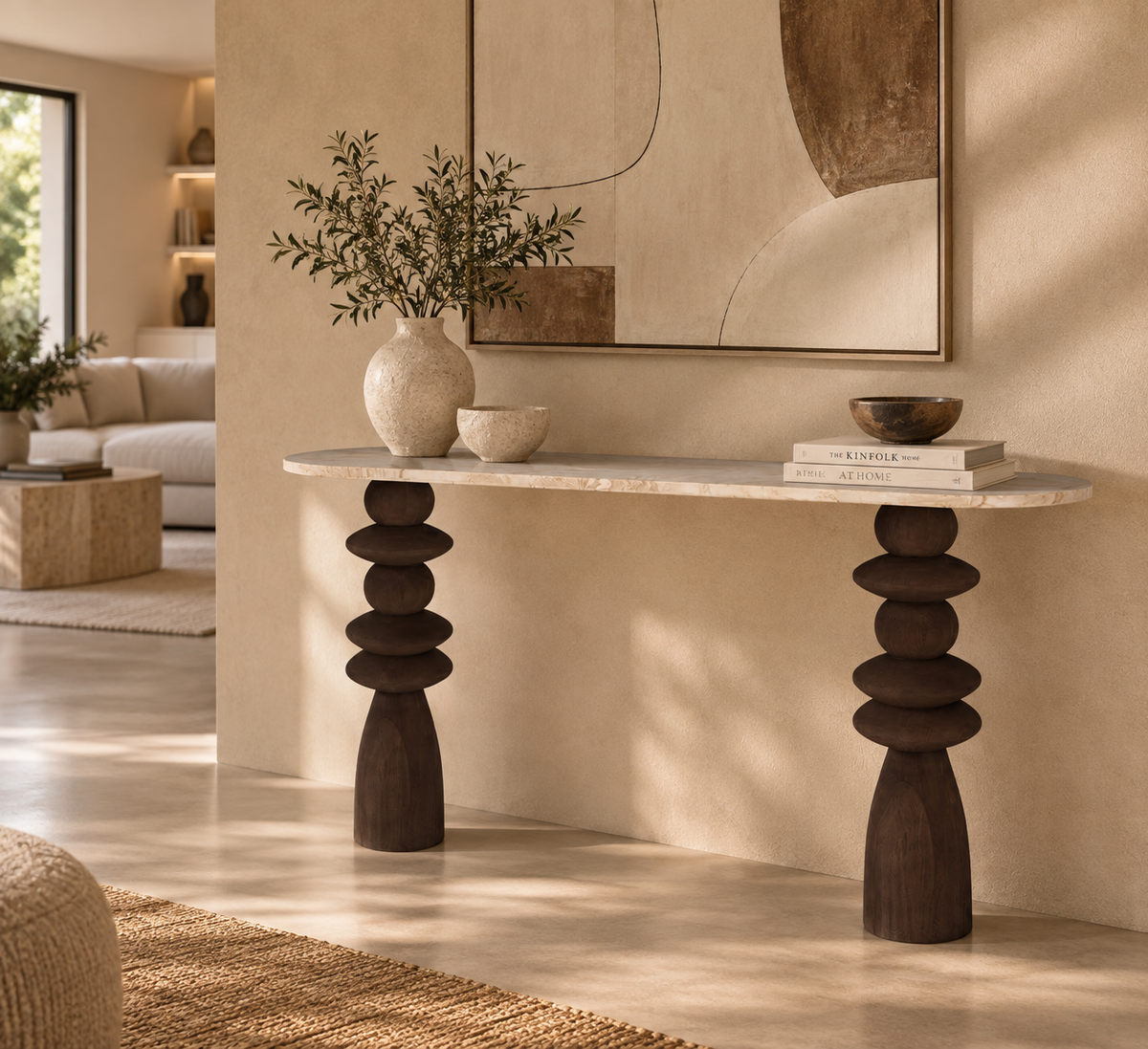 MASIAS - Consola de diseño en madera de mango y mármol beige 133 cm