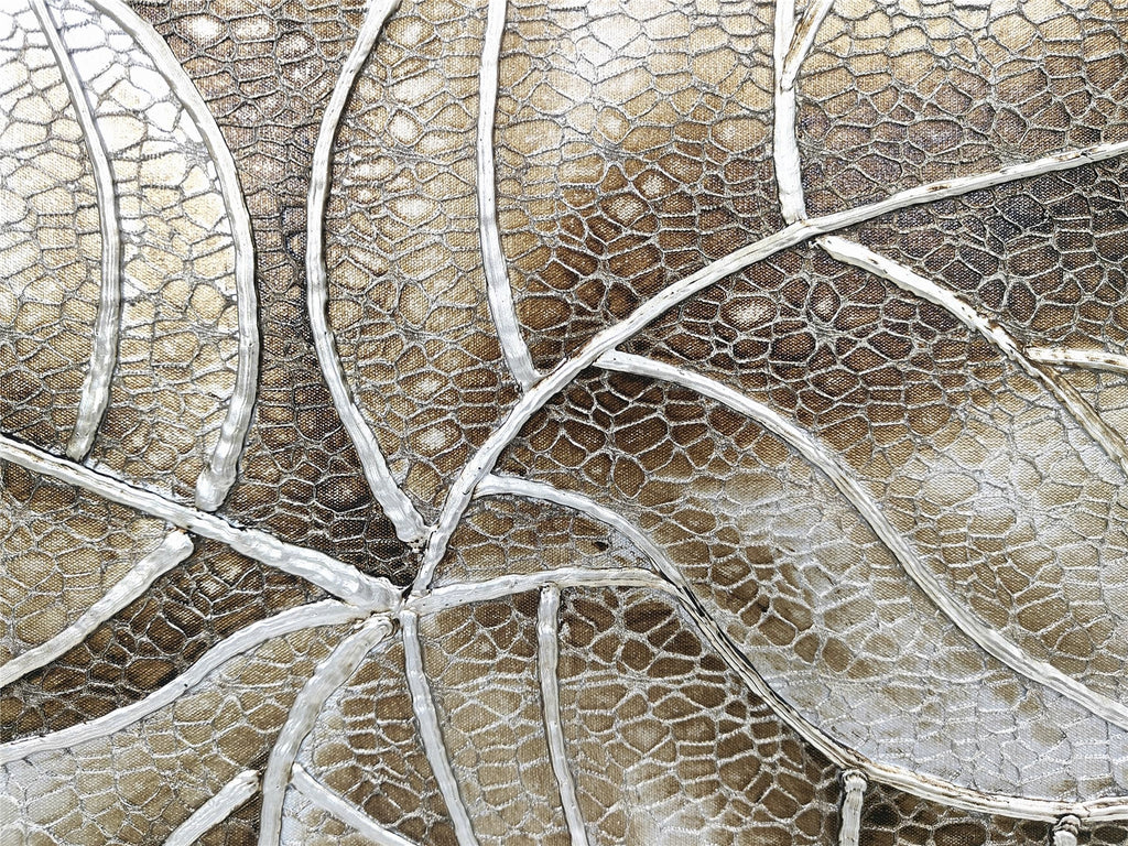 TAVIA - Cuadro al óleo hojas tropicales plateadas en relieve 180x90 cm