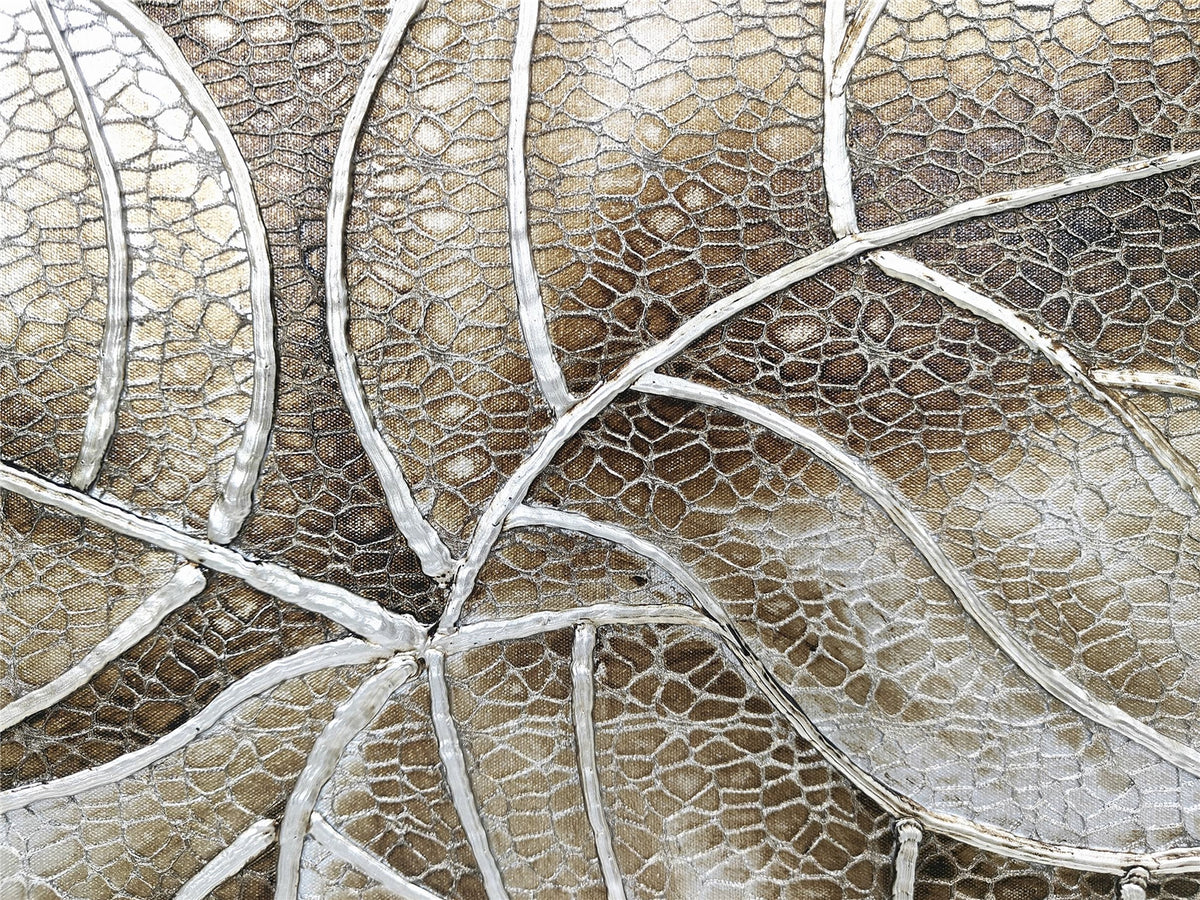TAVIA - Cuadro al óleo hojas tropicales plateadas en relieve 180x90 cm