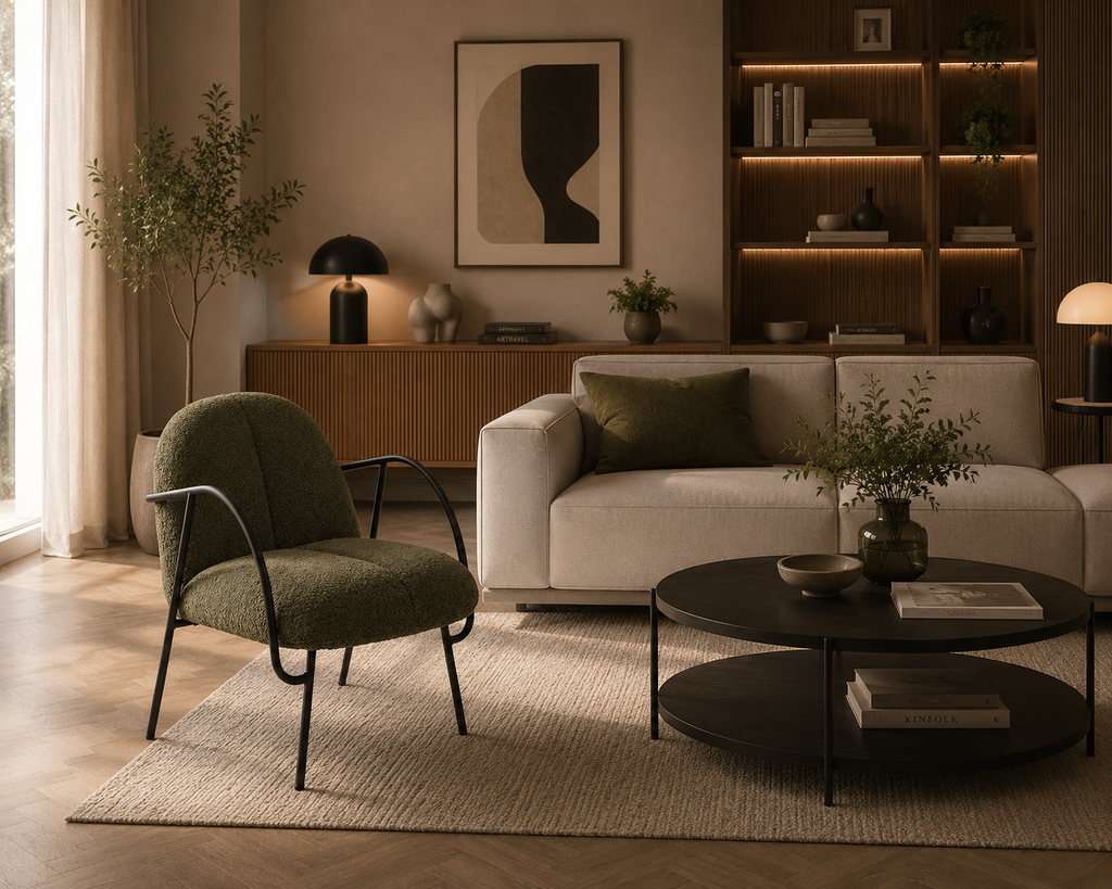 CUBEL - Fauteuil en bouclette verte avec structure en métal noir - pour salon, bureaux, réunion