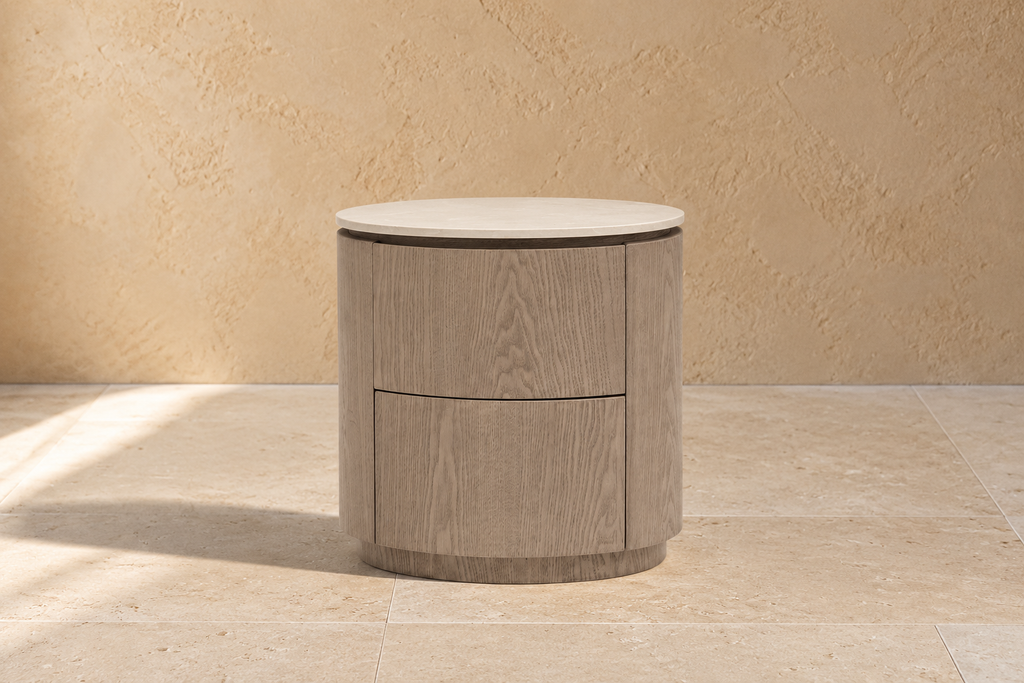 INCIO - Table de chevet ovale 2 tiroirs en frêne lavé et Silestone