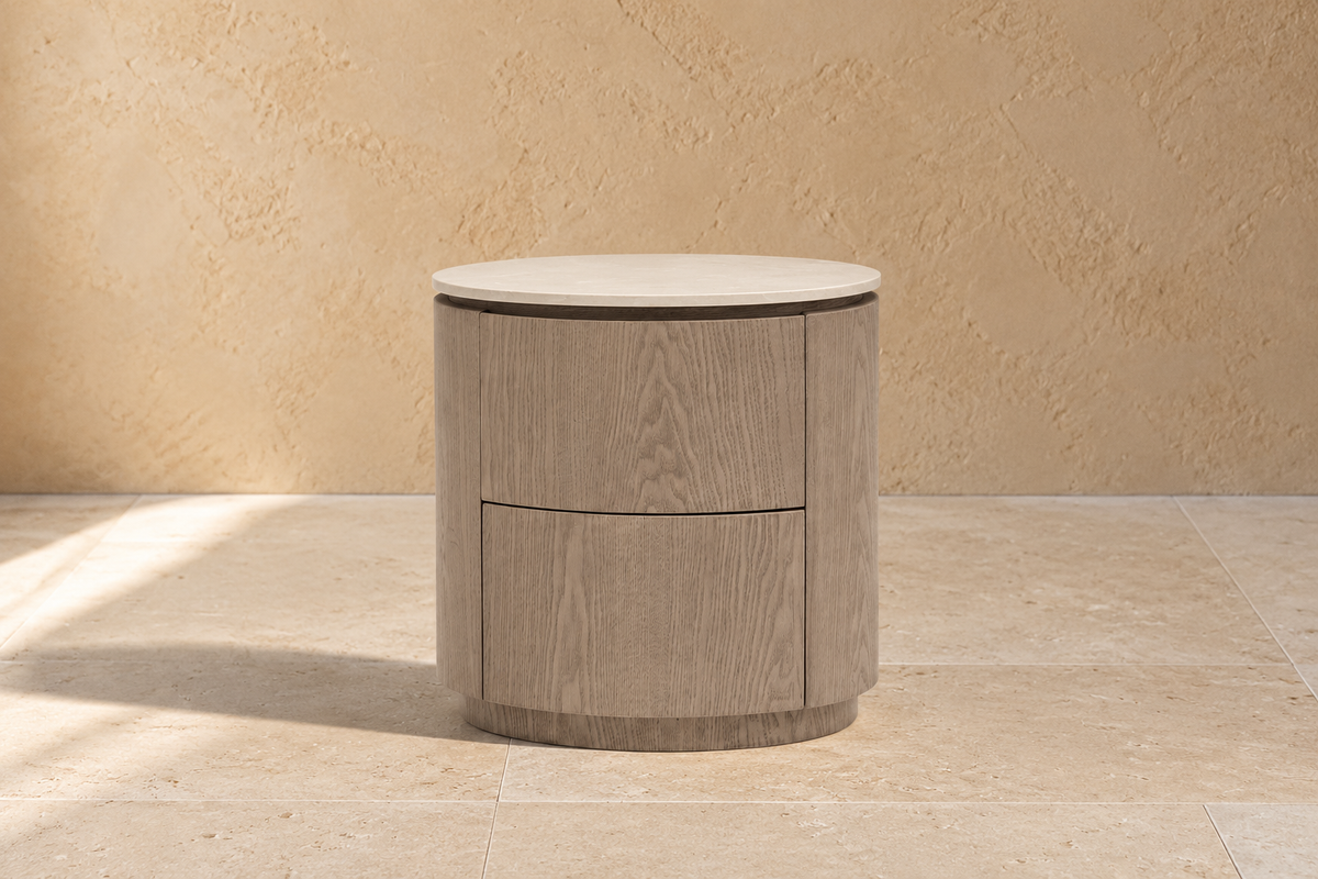 INCIO - Table de chevet ovale 2 tiroirs en frêne lavé et Silestone