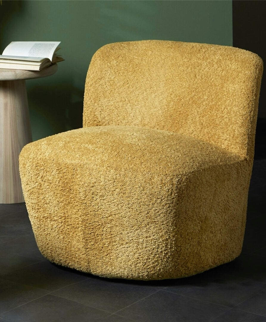 LOURO - Fauteuil design en bouclette jaune moutarde - pour salon, hôtel, réception