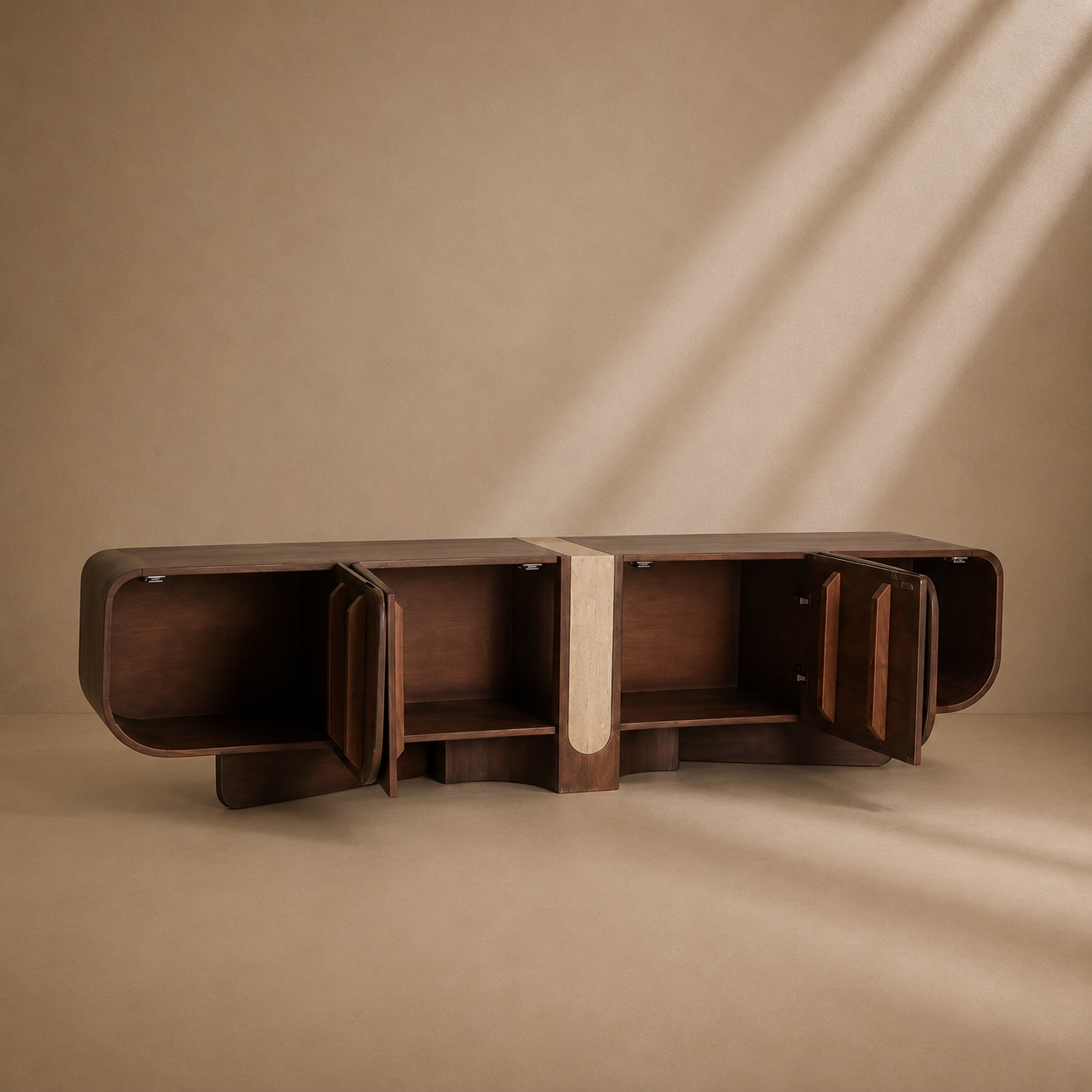 SINEU - Meuble TV en bois de manguier marron et travertin beige 200 cm