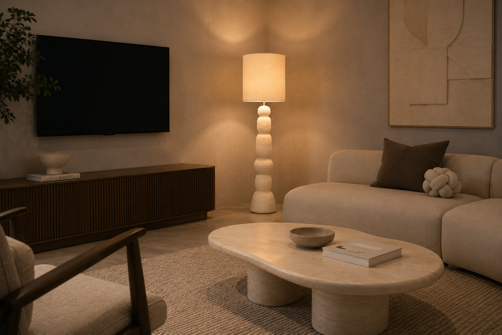 SEROS - Lampadaire design beige en céramique et coton