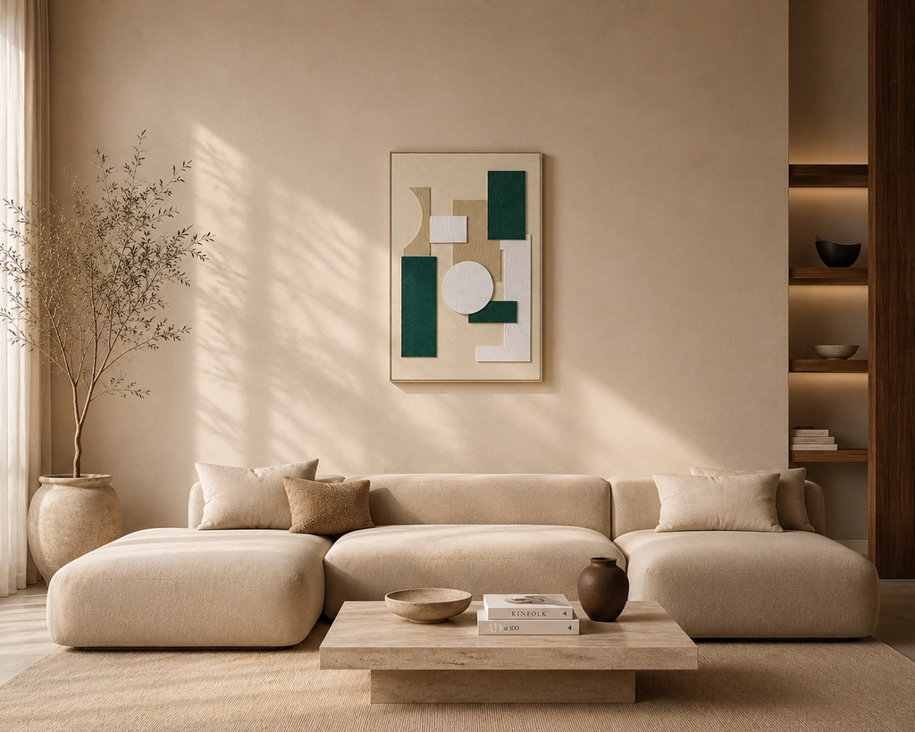 GRANS - Cuadro abstracto de relieves blancos y verdes enmarcado – 70 × 100 cm