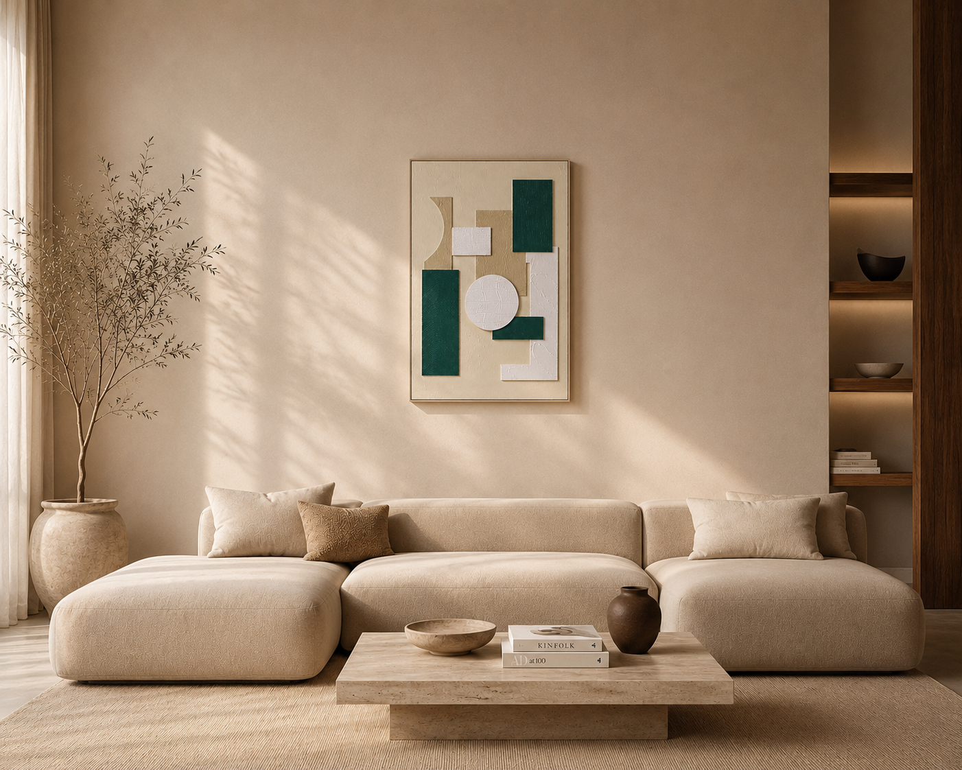GRANS - Cuadro abstracto de relieves blancos y verdes enmarcado – 70 × 100 cm