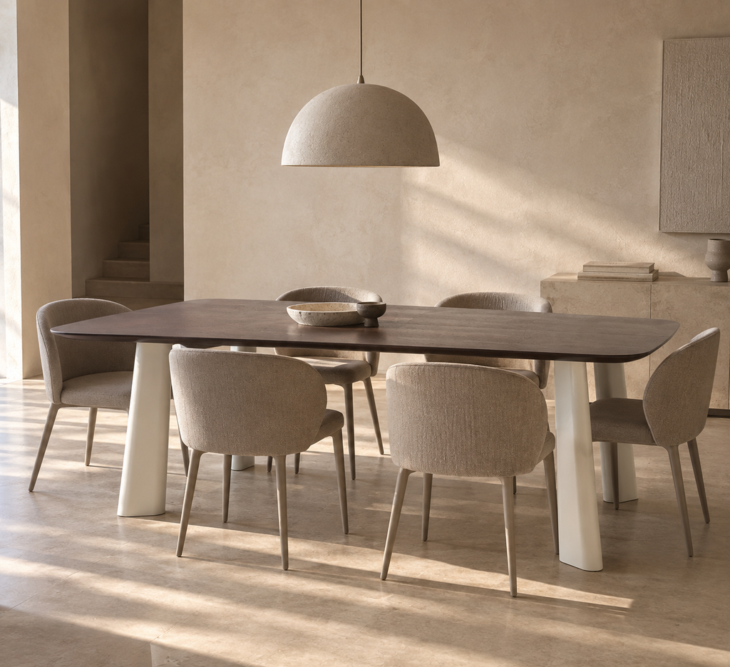 SOMAEN - Table à manger design en bois marron et pieds crème 215 cm