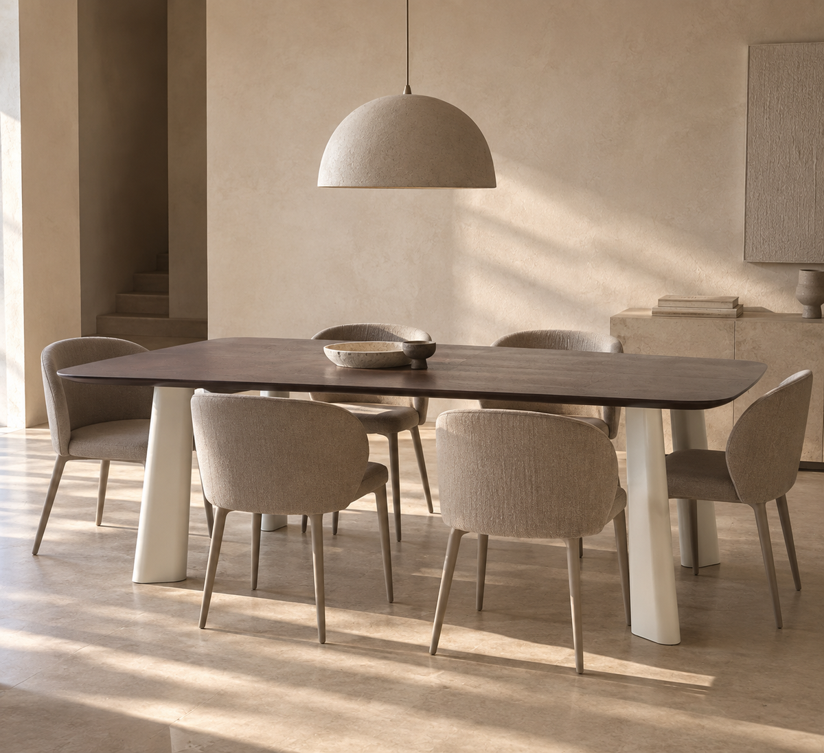 SOMAEN - Table à manger design en bois marron et pieds crème 215 cm