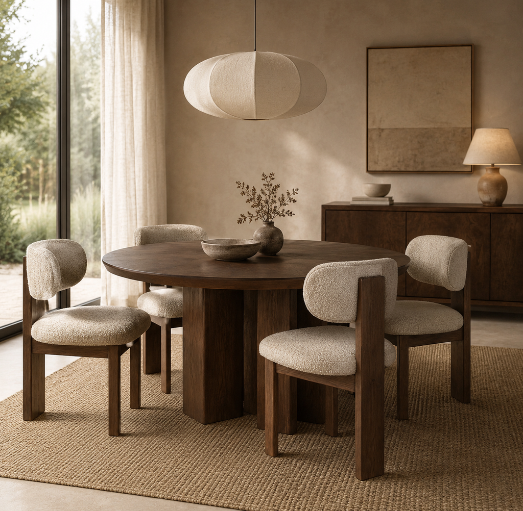 BENAS - Chaise en bois d’orme massif finition noyer et tissu bouclé beige